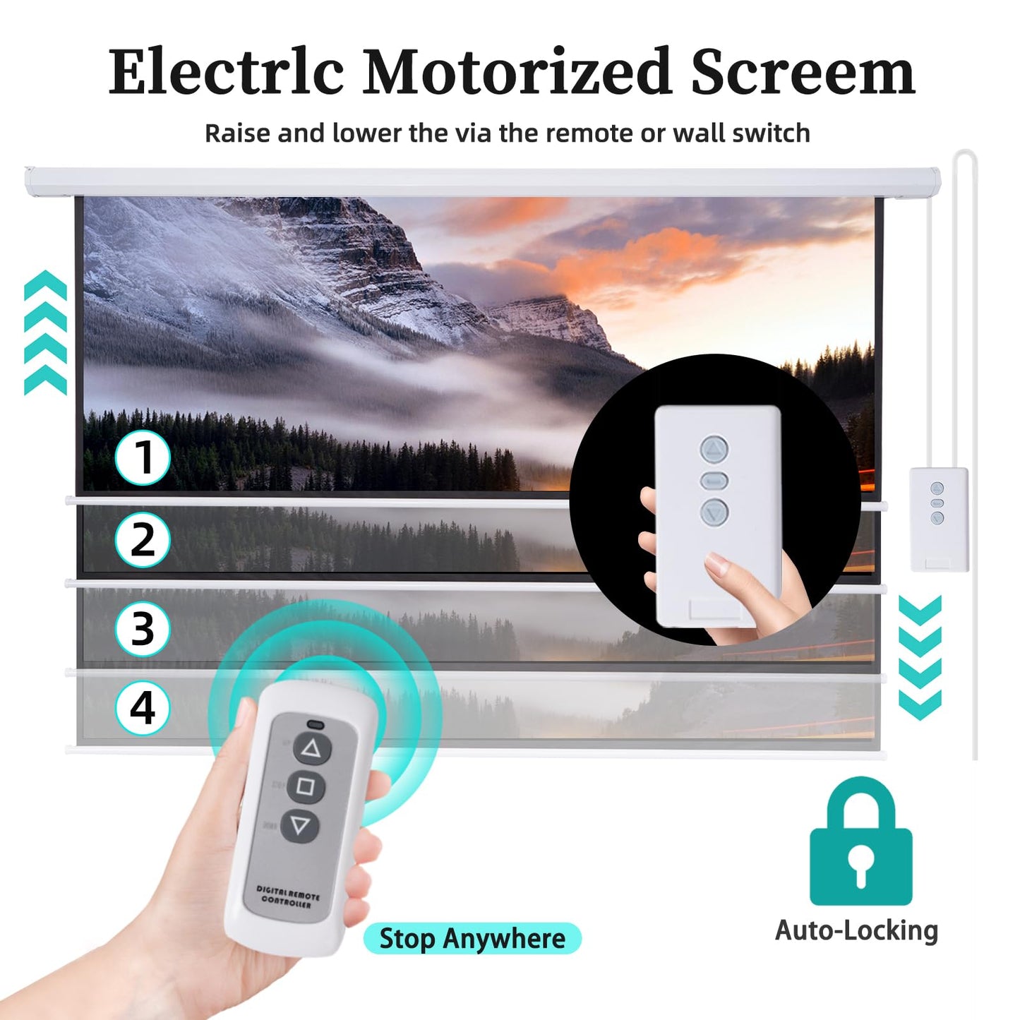 Motorized Projector Screen Pull Down 100 Inch 16:9 HD Automatic Projector Screen with Remote, Electric Retractable Projection Screen Portable, Roll Up Movie Screens for Projectors Outdoor Indoor White