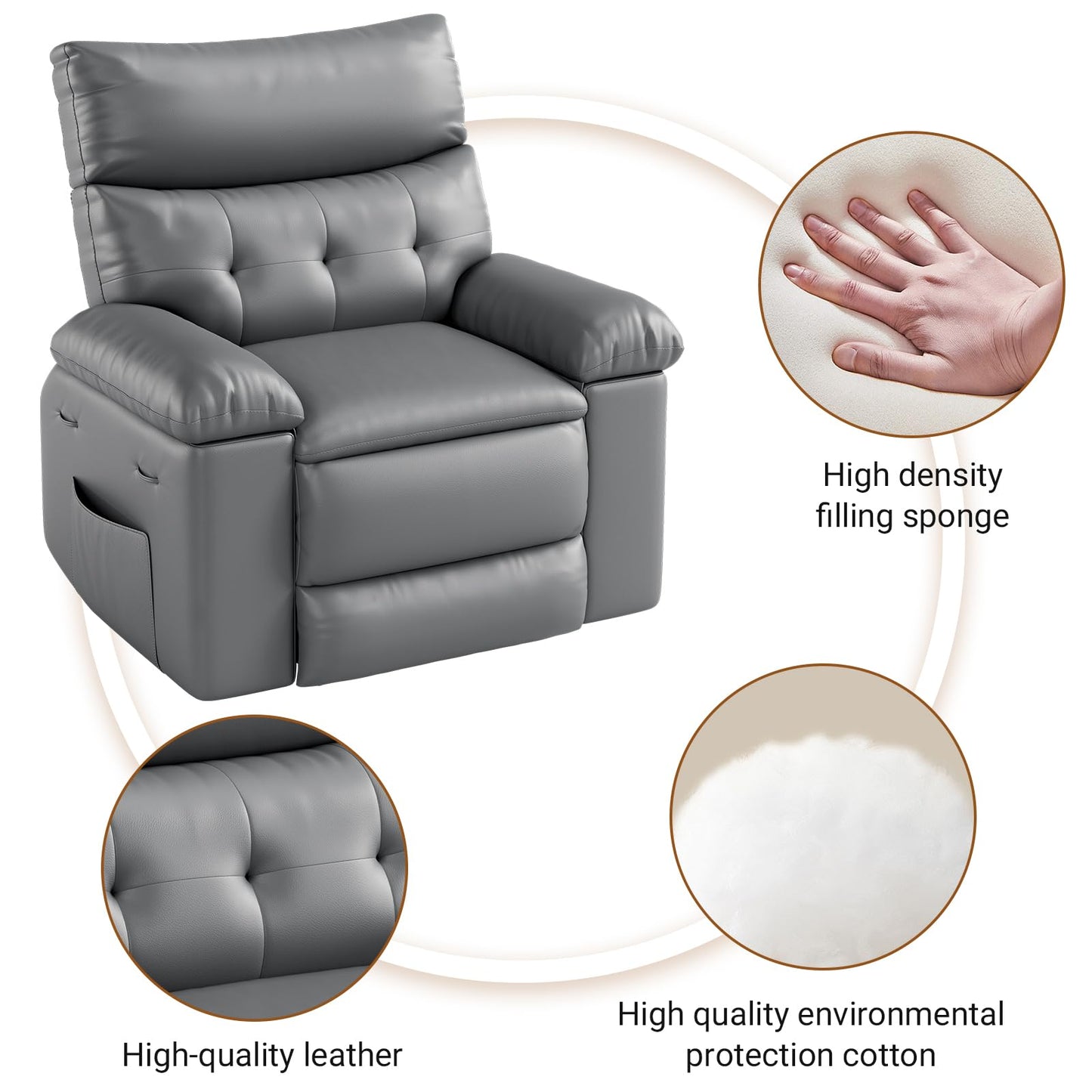Power Recliner Chair,Rocking Recliner for Adults,Swivel Recliner with Massage,Upholstered Fabric Glider Recliner Nursery Chair,Single Sofa Seat with Side Pockets for Living Room,Grey
