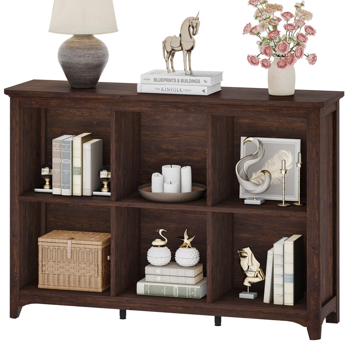 BON AUGURE 6 Cube Storage Organizer Book Shelf, Horizontal Bookshelf with Round Corners, Rustic Low Wooden Bookcase for Living Room, Bedroom, Office - Brown Cherry, 43" Wide