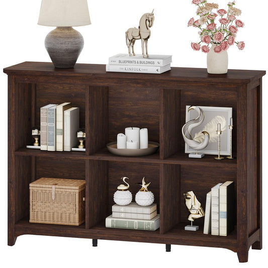 BON AUGURE 6 Cube Storage Organizer Book Shelf, Horizontal Bookshelf with Round Corners, Rustic Low Wooden Bookcase for Living Room, Bedroom, Office - Brown Cherry, 43" Wide