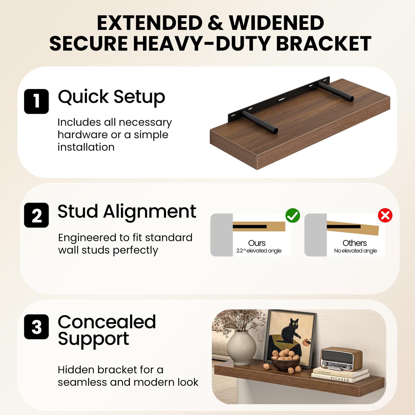 Fun Memories 72 Inch Floating Shelves - Fireplace Mantel Shelf - Deep Wall Mounted Wood Storage Shelf for Bedroom, Kitchen, Farmhouse - 2 Pack, Walnut