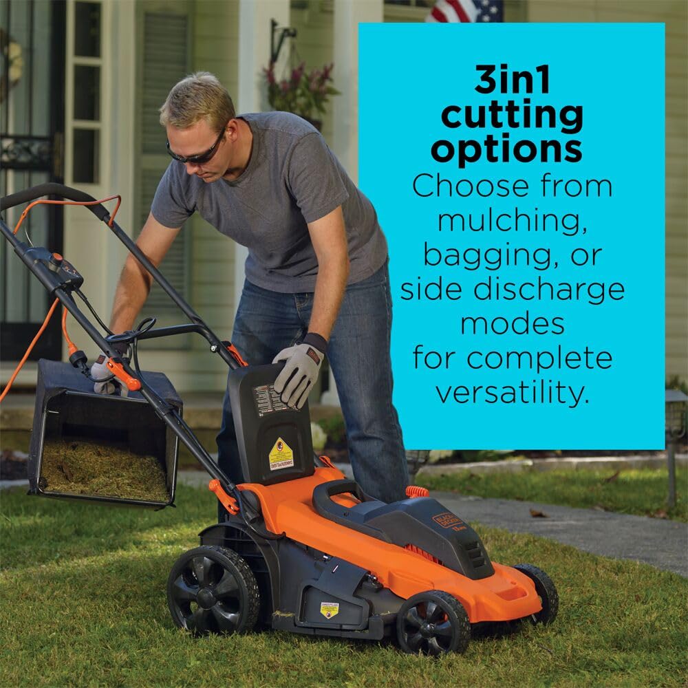 BLACK+DECKER 20-Inch Corded Electric Lawn Mower, Ultra Light Push Mower, 13-Amp High Output Motor, 3 in 1 Cutting Versatility, Tool Free Height Adjustment, 7-setting Cutting Height (MM2000)