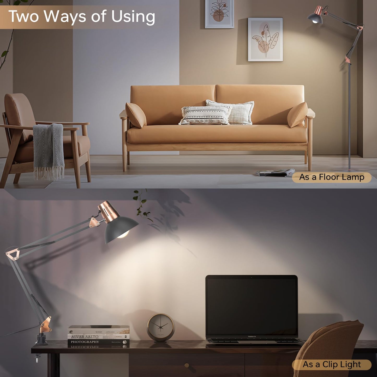 FIRVRE Industrial Floor Lamp with Swing Arm, Adjustable Height, Heavy Duty Base, Sandy Black, Model 003