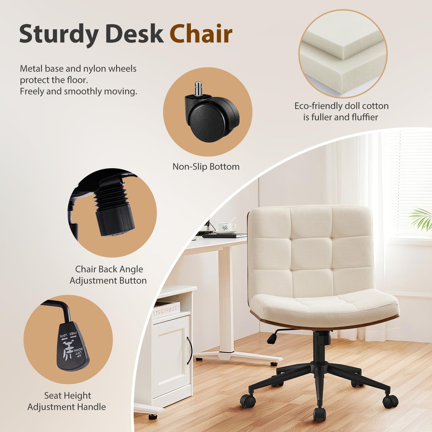 Furnimart Heavy-Duty FSC Wooden Wide Desk Chair, 360° Swivel Criss Cross Office Chair with Wheels, Comfy Cross Legged Sitting, Armless Rolling Chair for Bedroom, Office, Vanity (Linen Beige)