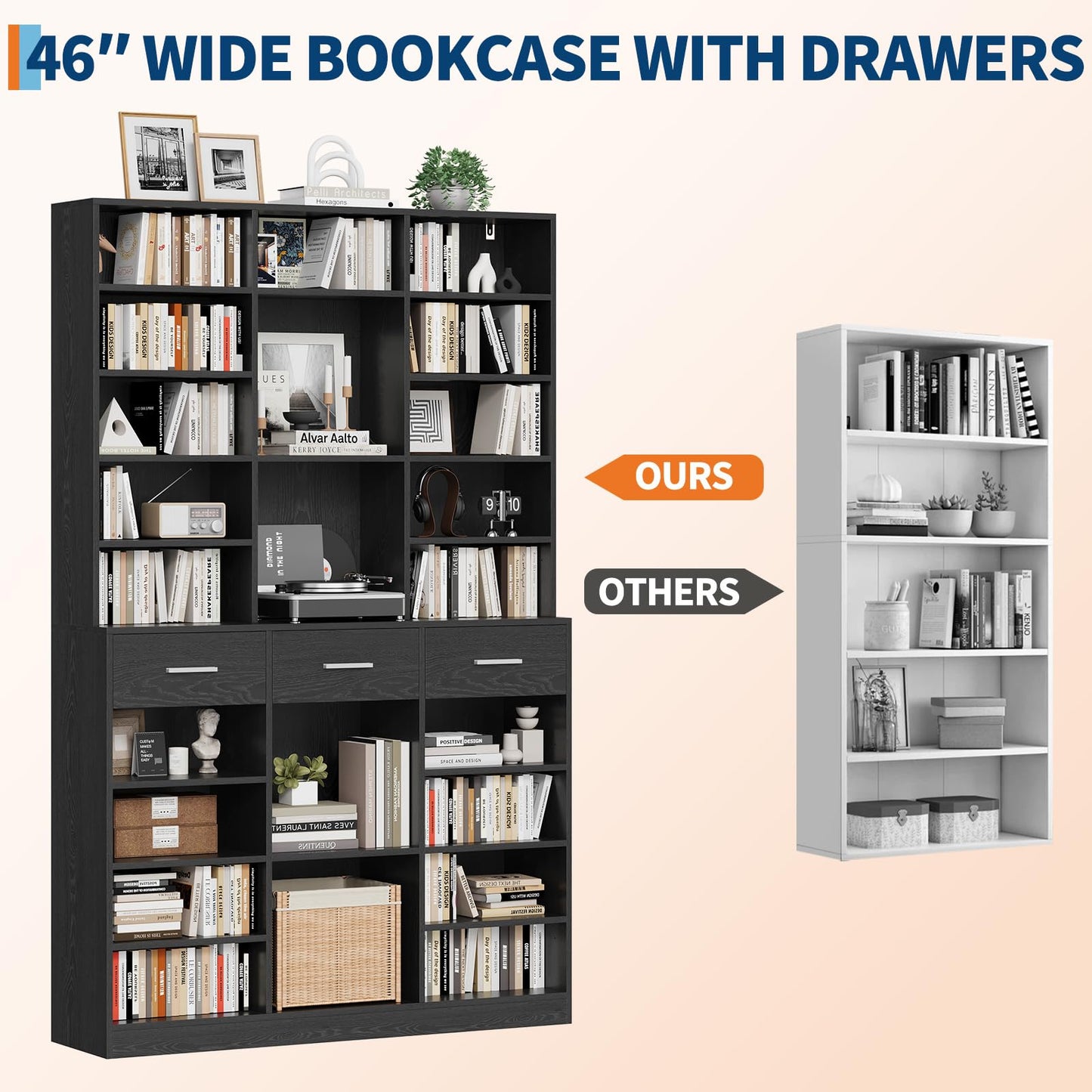 Garvee 75" Tall Bookcase with Drawers, 47" Wide Large 9-Tier Farmhouse Wooden Bookshelf Storage Cabinet with Adjustable Shelves for Living Room Office, Black