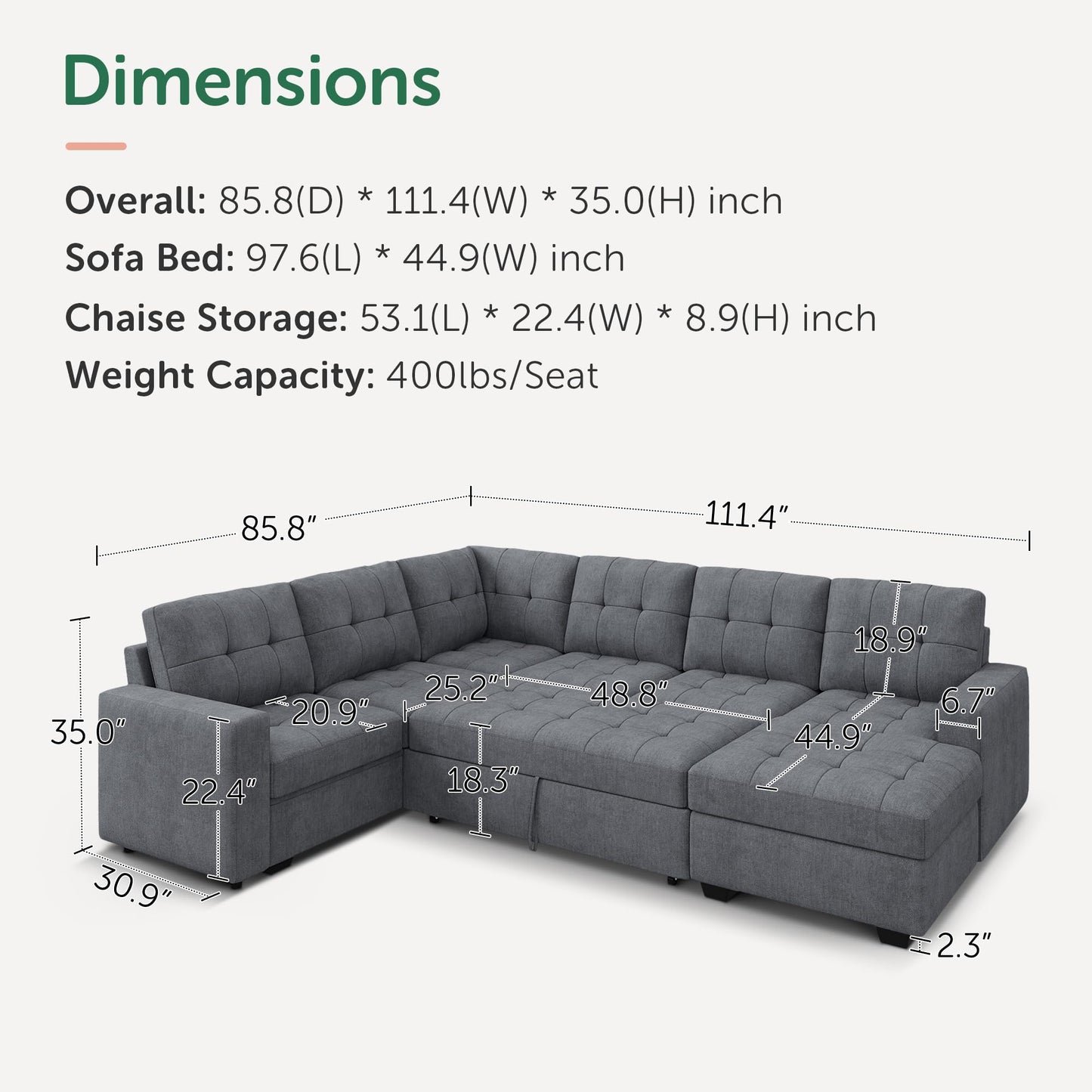 HONBAY Sectional Sleeper Sofa, Sleeper Sofa Couch with Storage Chaise, Sectional Couch with Pullout Bed for Living Room, Bluish Grey