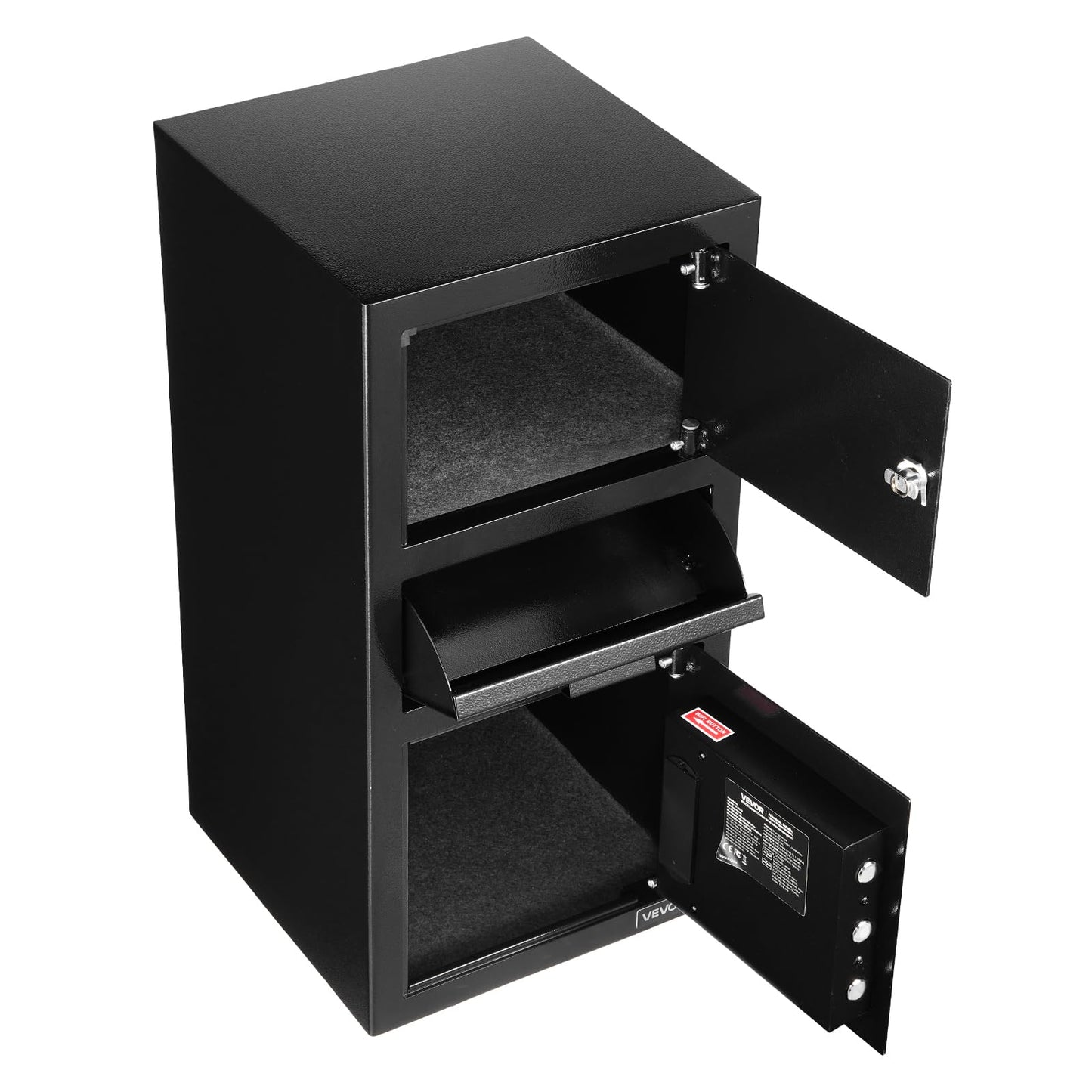 VEVOR 3.6 Cubic Feet Drop Safe, Large Capacity Front Drop Slot Safe Box with Digital Keypad, Heavy Duty 3 Tiers Cash Depository Box with Spare Keys for Cash, Bank Slip, Jewelry, Document, Bill, Black