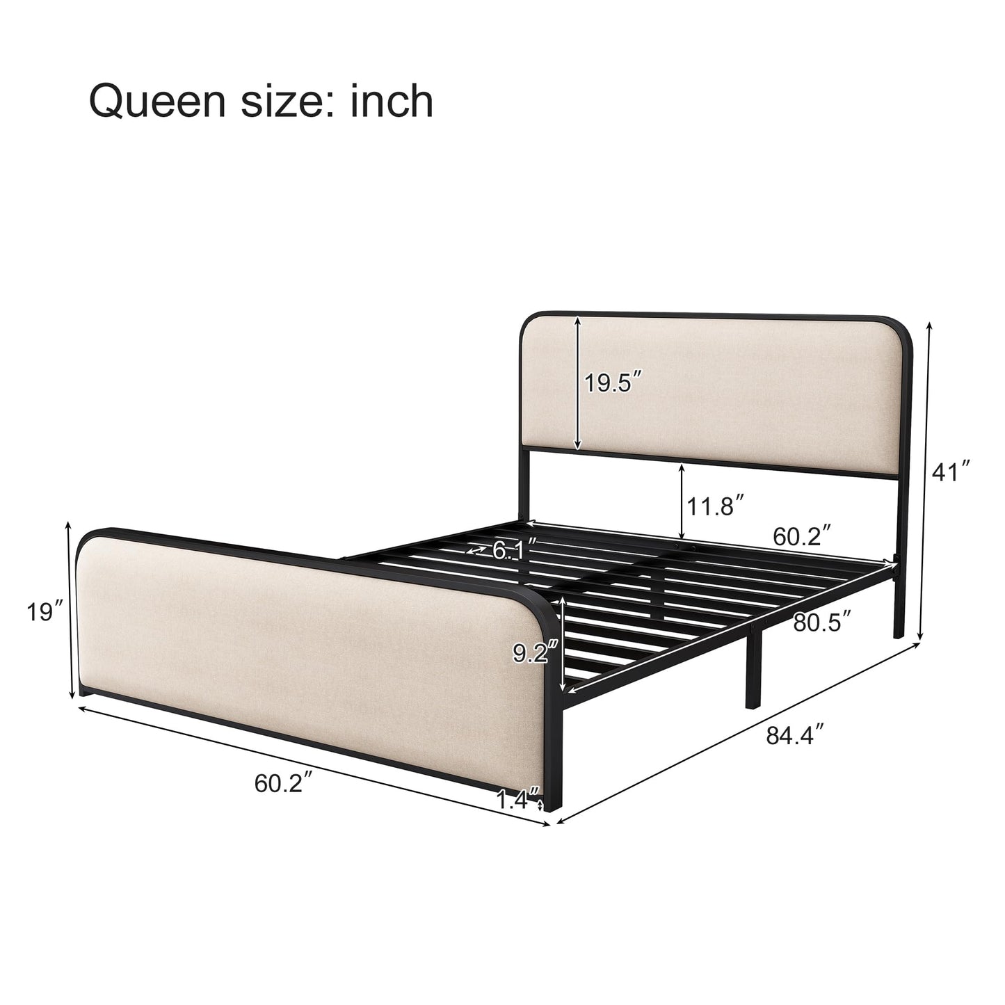 Merax Metal Platform Bed Queen Size with Curved Upholstered Headboard and Footboard, Queen Bed Frame with 8" Storage Space Under Bed, Heavy Duty Metal Slats, No Box Spring Needed, Easy Assembly, Beige