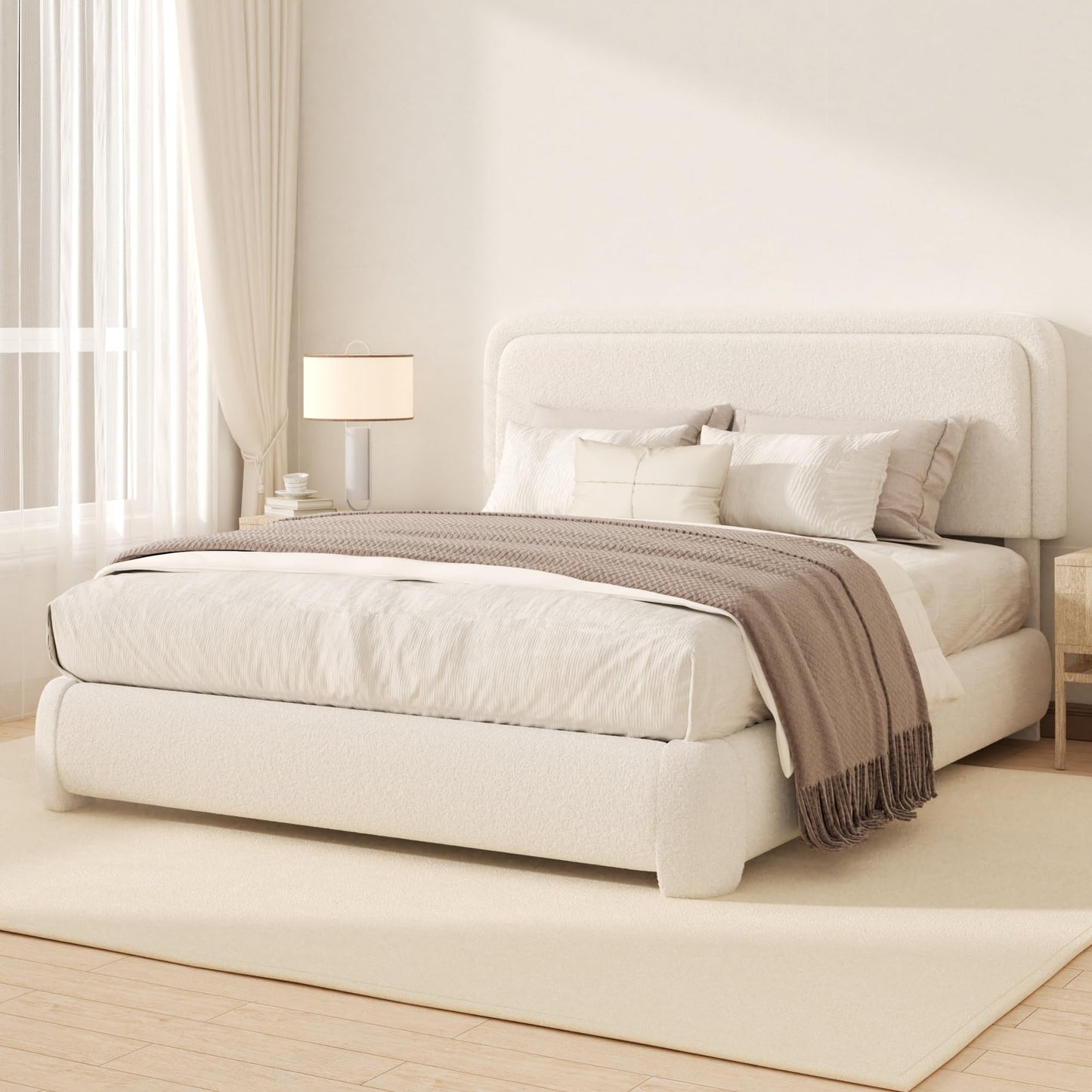 Vcooved Queen Boucle Platform Bed Frame with Height Adjustable Headboard, Modern Upholstered Cloud Bed, Sleek Curved Design, No Box Spring Needed, Noise Free, Easy Assembly, Beige