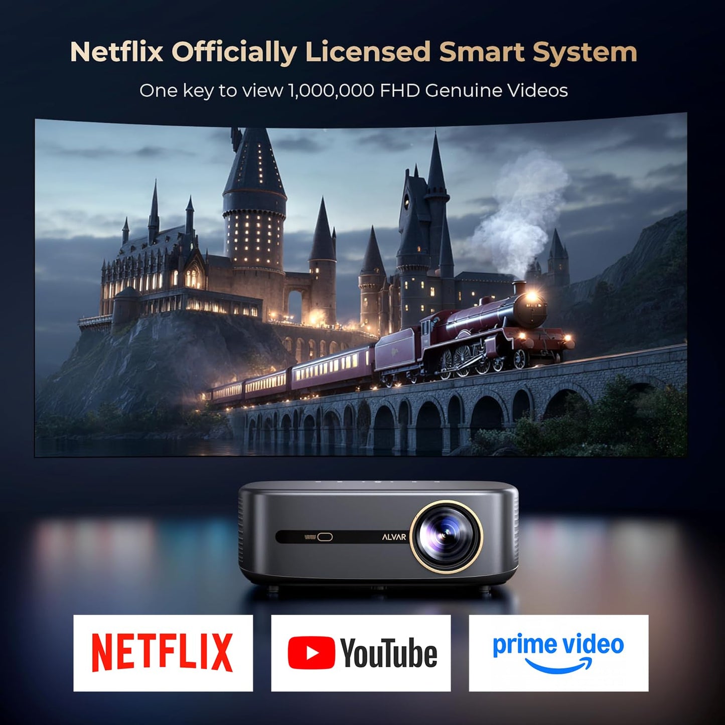 [2500 ANS ＆ 50W] Alvar Outdoor Projector 4K Support with WiFi 6 and Bluetooth, dbx-tv Sound, Built in NetfIix App & DoIby Audio Proyector, Auto Focus & Keystone Smart for Soccer Match