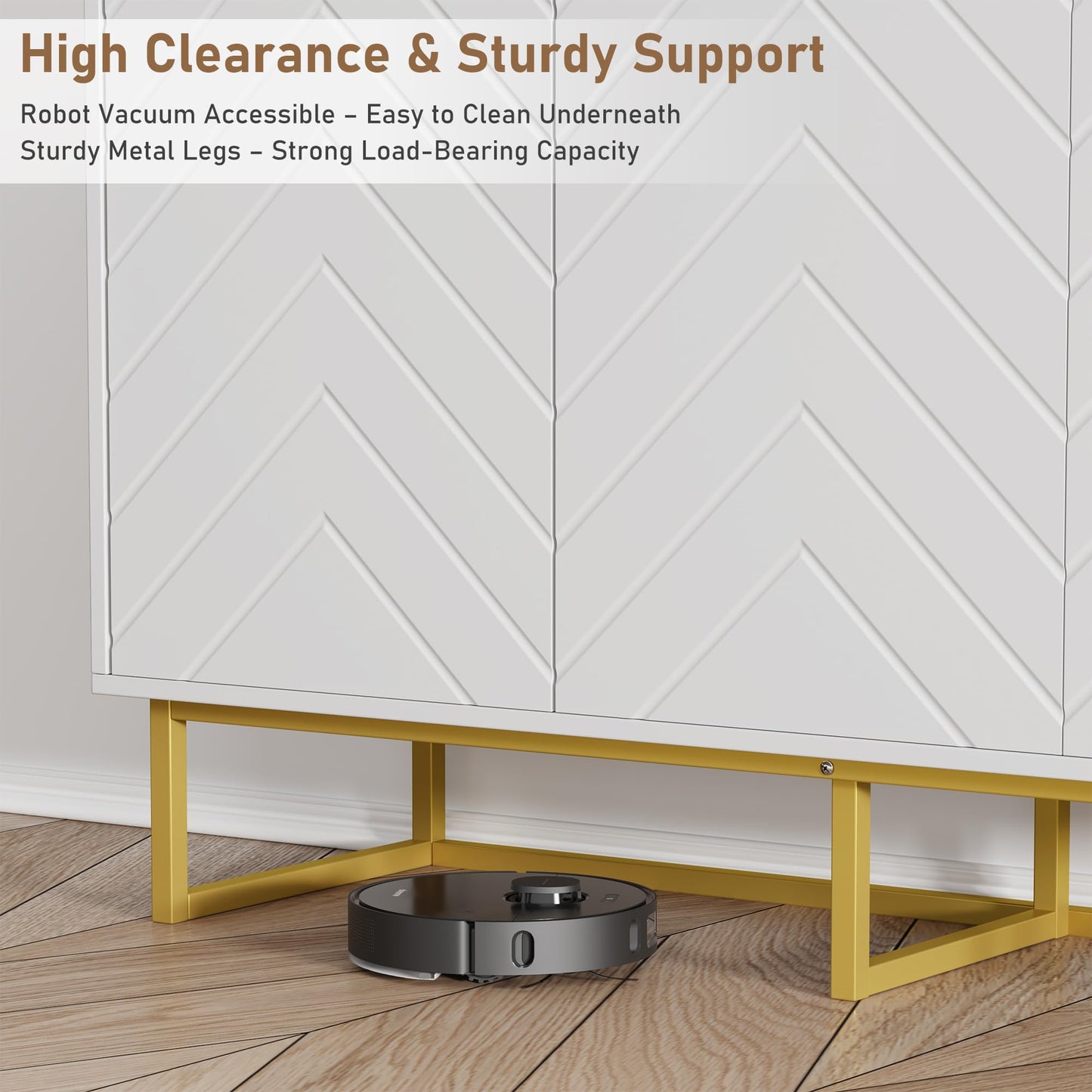 Garvee 47 in Modern Sideboard Buffet Cabinet with Storage, Wood Accent Storage Cabinet with Herringbone Doors & Shelf, Credenza Console Table for Dining Room Living Room Entryway, White