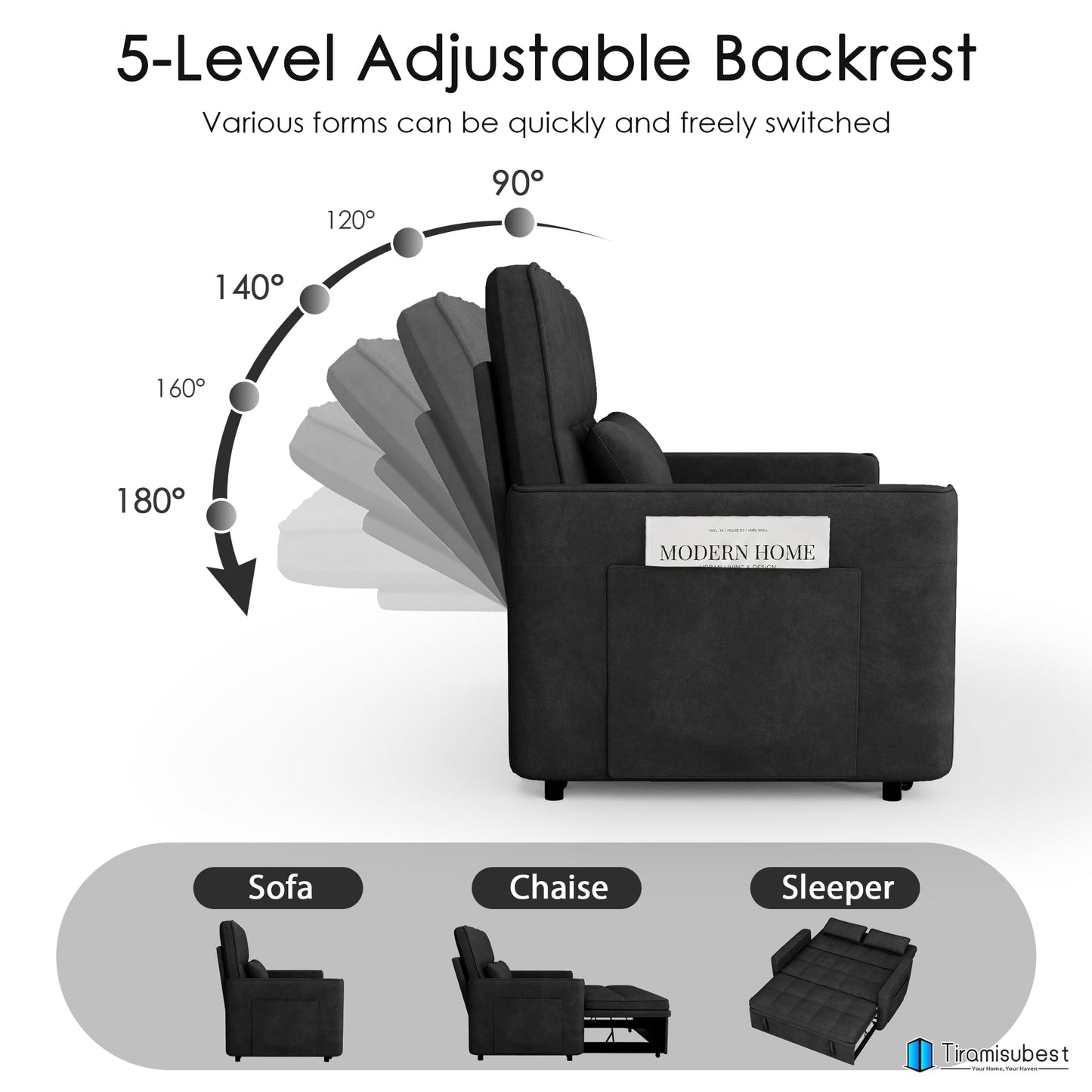 tiramisubest 54'' Sleeper Sofa Bed, Convertible Pull Out Couch Futon for for Living Room,Apartment (Black, Loveseat) Side Pockets, Velvet Fabric, Adjustable Backrest, Pull-Out Bed, Easy Assembly