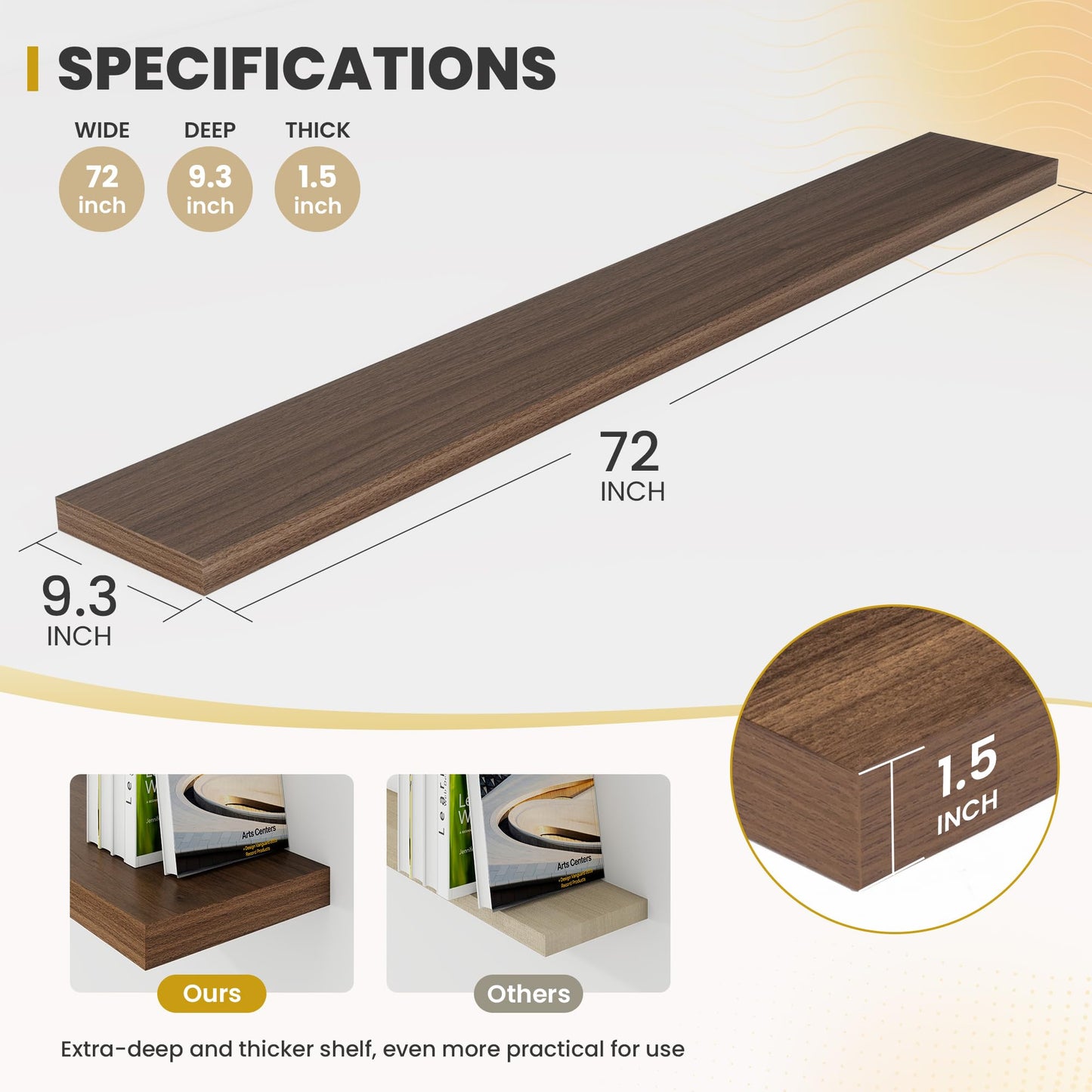 Acovy 72 Inch Floating Shelves, 9.3" Deep Floating Shelf Wall Mounted, 72" Wall Shelves, Rustic Deep Bookshelf, Large Display Shelves & Storage Shelves for Bedroom, Living Room, Walnut, Set of 2