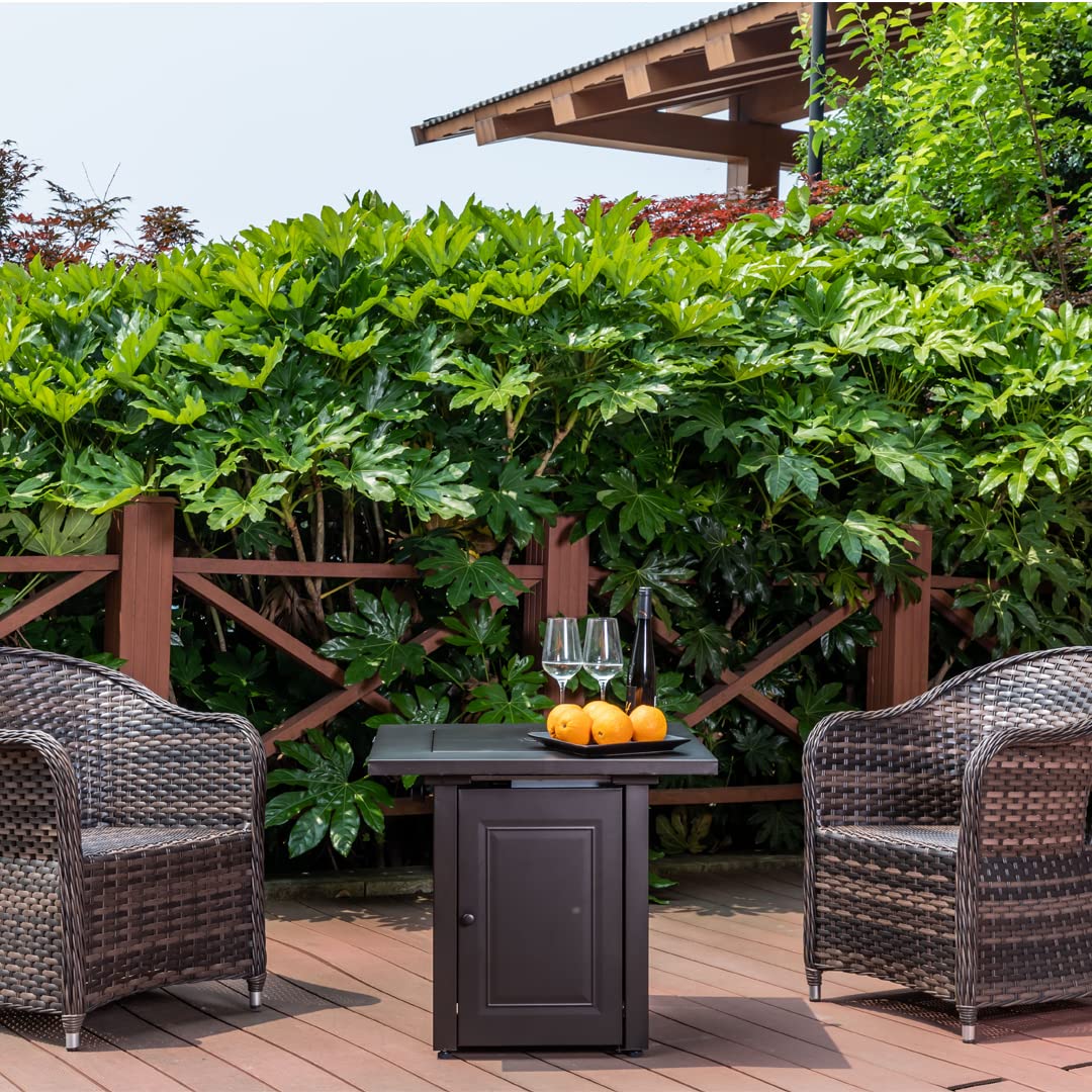 Outdoor Fire Pit Table, 50,000 BTU Gas Firepit, 28 Inch Propane Fireplace for Outside Patio Deck and Garden, CSA Certified Fire Dinning Table with Lid and Lava Rock, Mocha