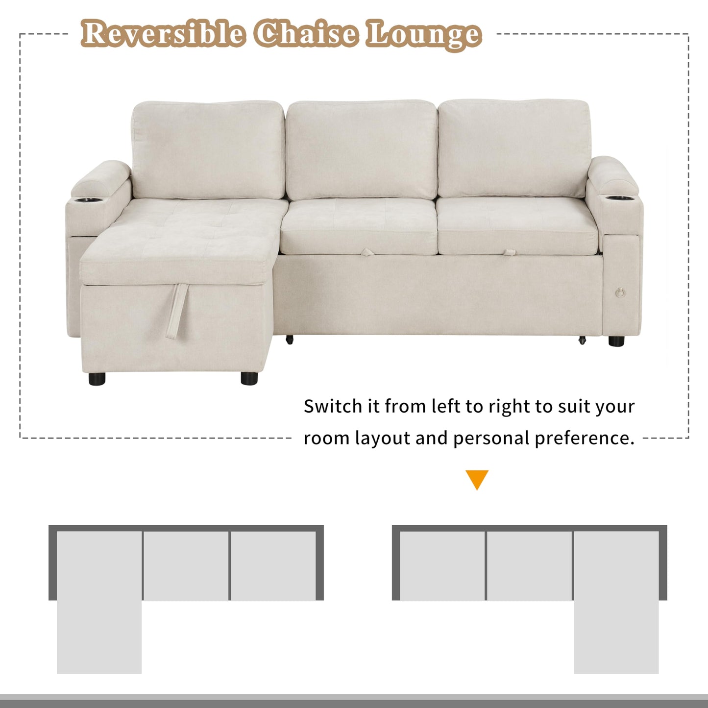 Eafurn 83.5" Sleeper Sectional Sofa with Pull Out Couch Bed, Convertible L-Shaped Sofa with Storage Chaise, Quick Assemble Sleeper Corner Sofa with Cup Holders & USB Ports