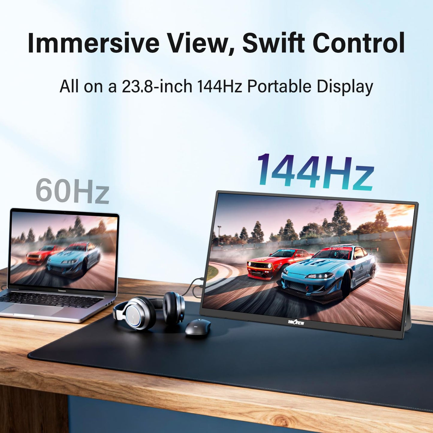 InnoView Large Portable Monitor 23.8inch FHD 1080P 144Hz USB-C, HDMI Computer Display HDR 100% sRGB IPS Gaming Monitor W/180°Adjustable DC Eyes Care Stand for Laptop PC MAC Phone PS4 Xbox Switch