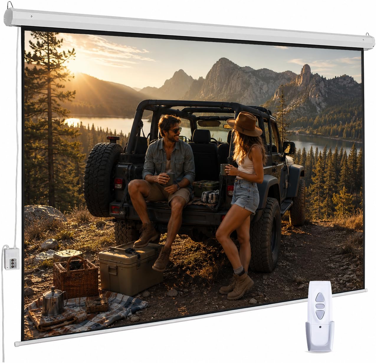 120" Motorized Projector Screen, Electric 4:3 Projector Screen with Remote Control, Indoor/Outdoor HD Movie Screen, Wall/Ceiling Mounted, Perfect for Home Office Theater TV, White