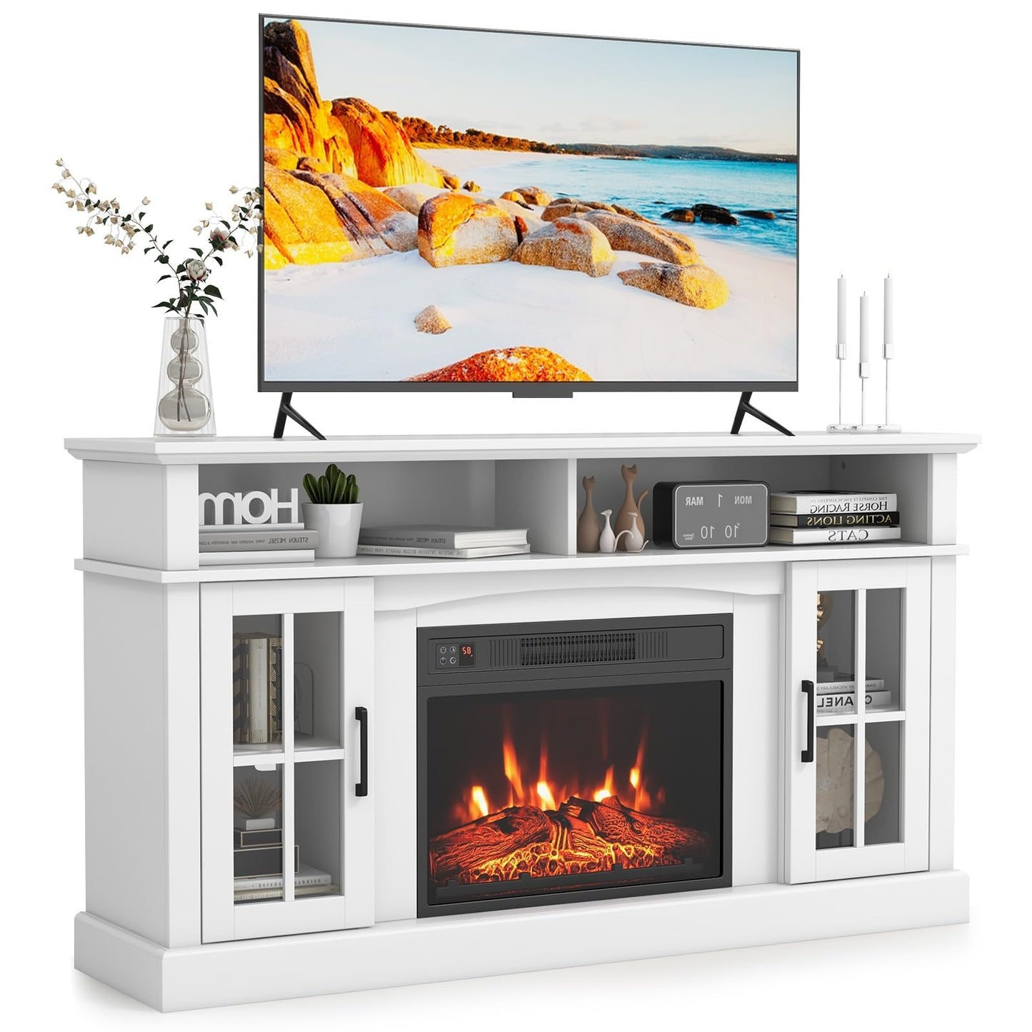 CLEEMAN Electric Fireplace TV Stand for TVs up to 65”, Media TV Console w/ 23” Fireplace Insert Heater, Remote Control, 3-Level Flame, Overheat Protection, Entertainment Center for Living Room (White)