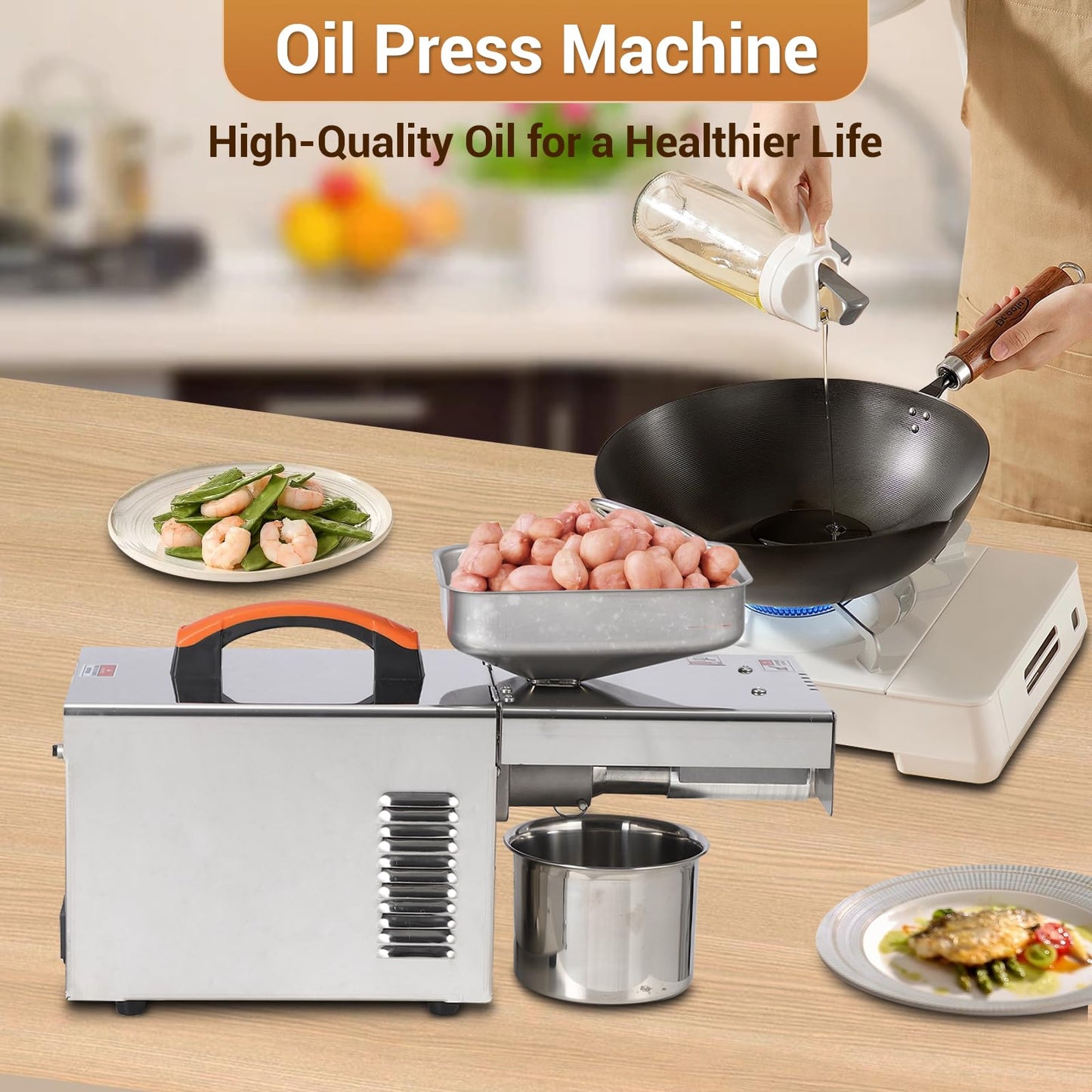 SierraSquad 900W Stainless Steel Oil Press Machine, Automatic Cold Press Oil Extractor for Home Use, Electric Seed and Nut Oil Maker with Temperature Control