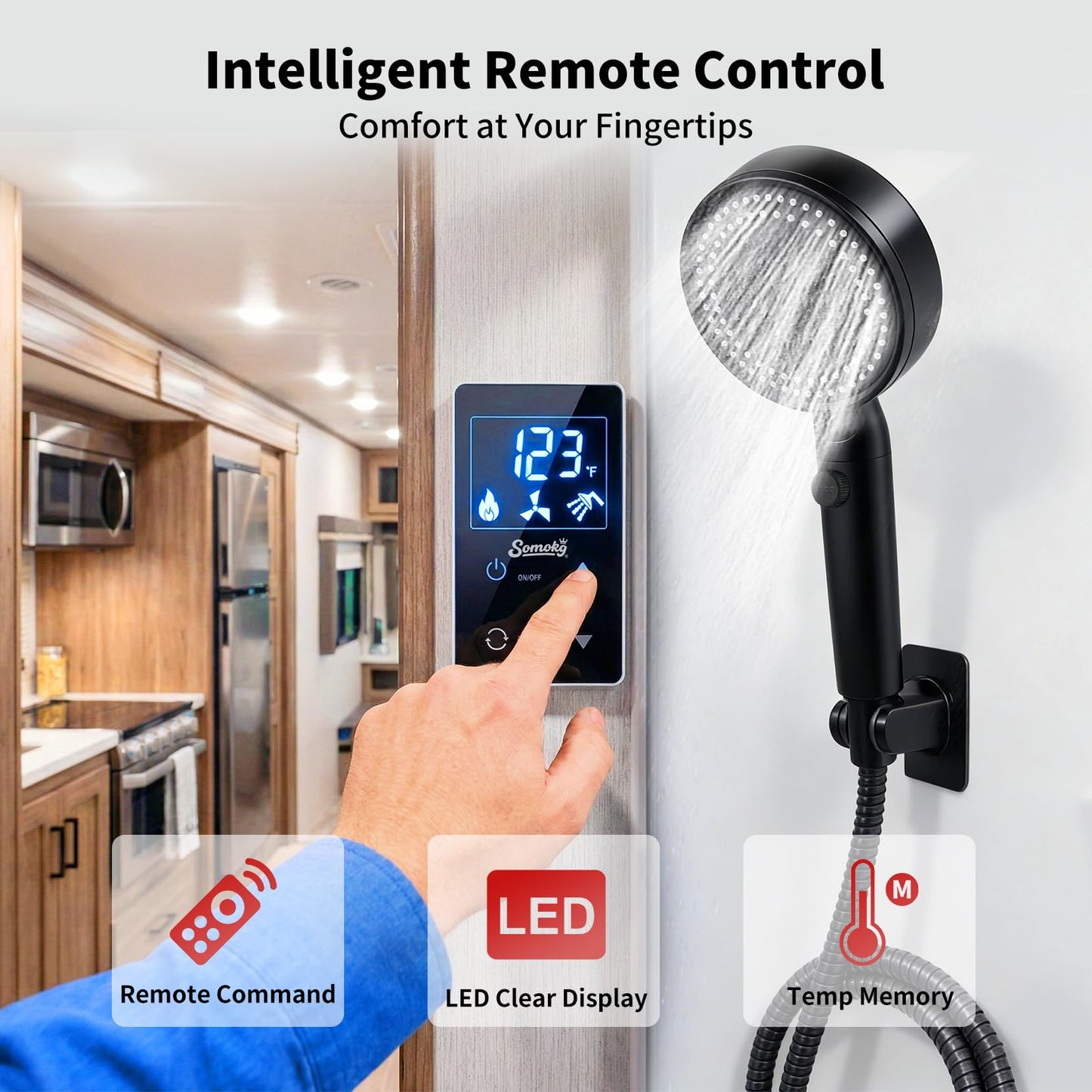 RV Tankless Water Heater 12V, 65,000 BTU Propane Powered Instant Hot Water, Includes 15''×15'' Lockable Door & Remote, Anti-Freeze & High Altitude, CSA Certified for Safe Off-Grid Camping