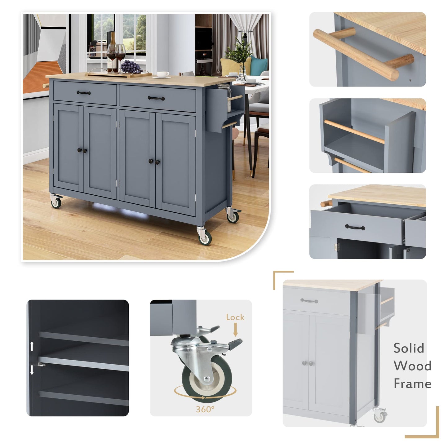 Favfurish Kitchen Island with Solid Wood Top and Locking Wheels,54.3 Inch Width Kitchen Cart W/ 4 Door Cabinet / 2 Drawers/Spice Rack/Towel Rack,for Dining Room,Home Bar,Gray