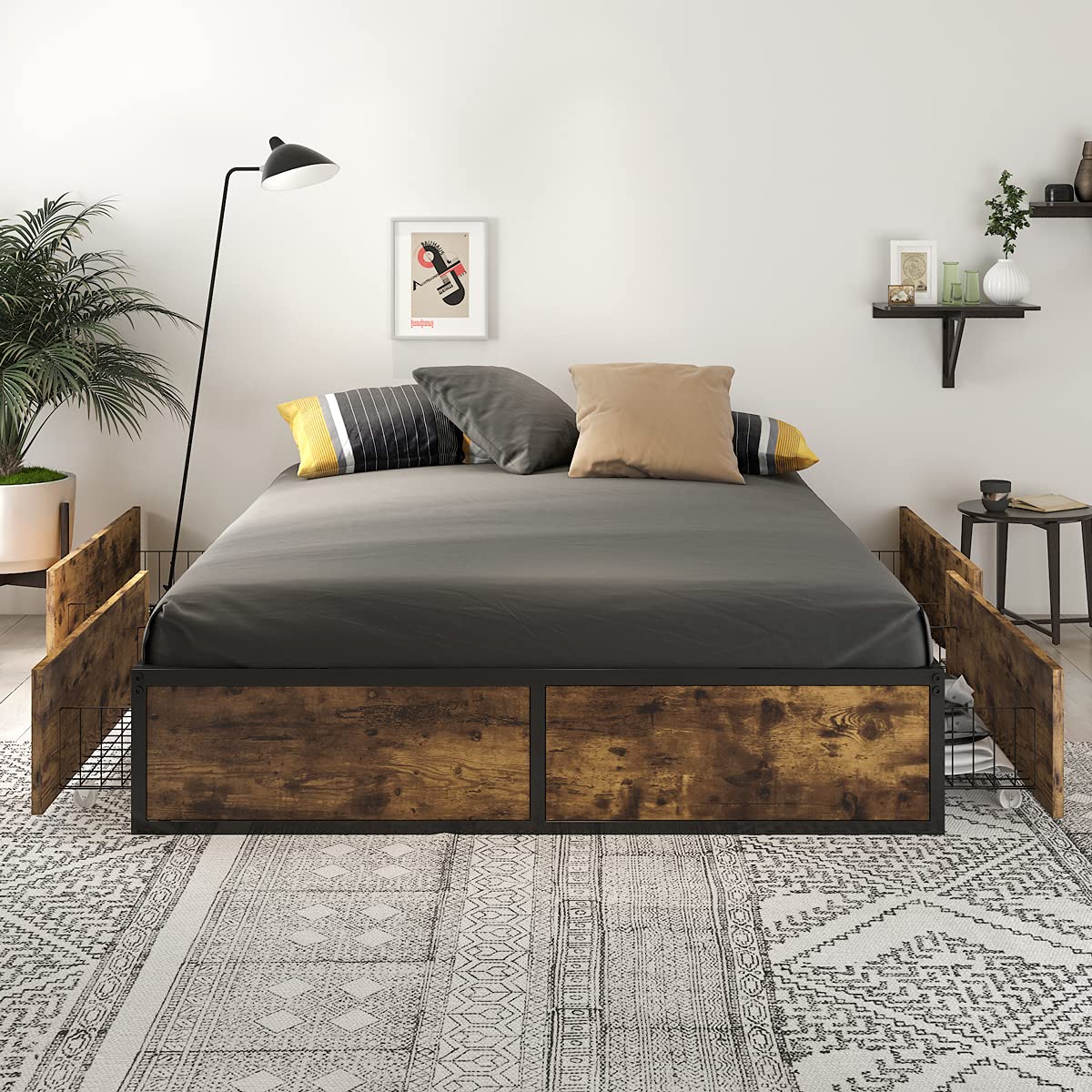 SHA CERLIN Full Size Bed Frame with Storage, 4 Extra Large Drawers on Wheels, Mattress Foundation, Strong Metal Slat Support, No Box Spring Needed, Easy Assembly