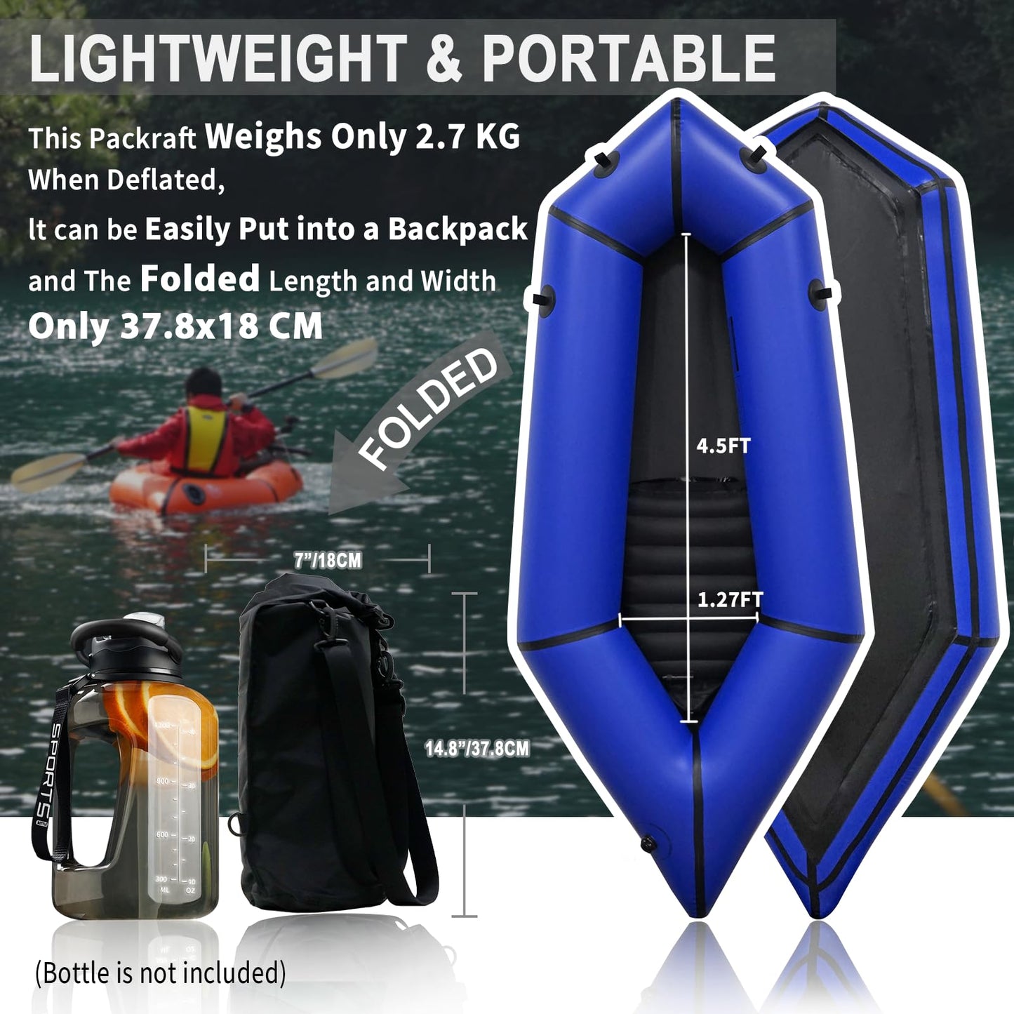 JUSTOOP Lightweight Packrafts, TPU Inflatable Packraft for Flat Water Rafting Camping Trip/Fishing/Water Adventures, Blue, 1 Person, 330lb Weight Capacity