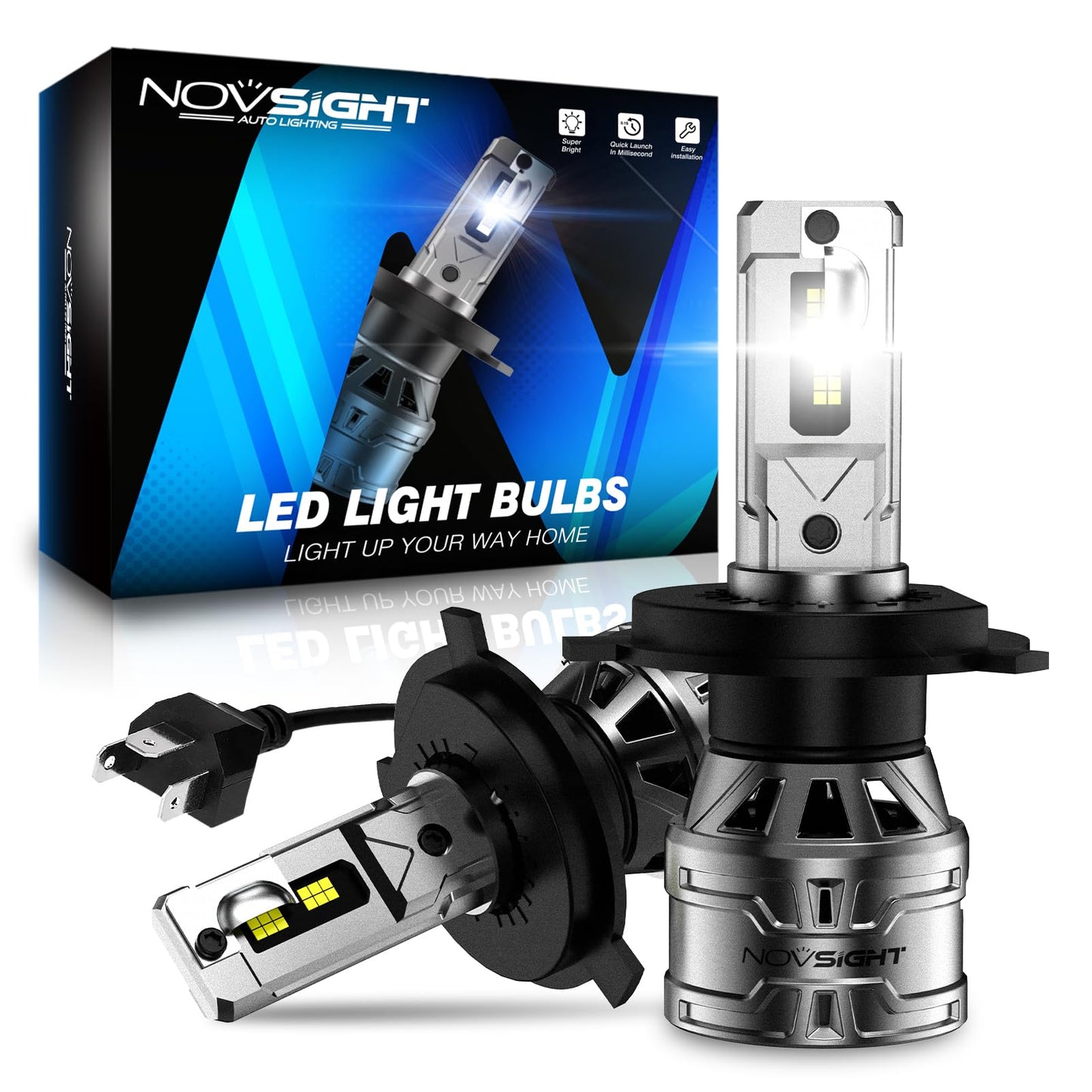 NOVSIGHT H4/HB2/9003 Bulbs, 400% Brightness, Quick Installation, Aluminum, White, Pack of 2