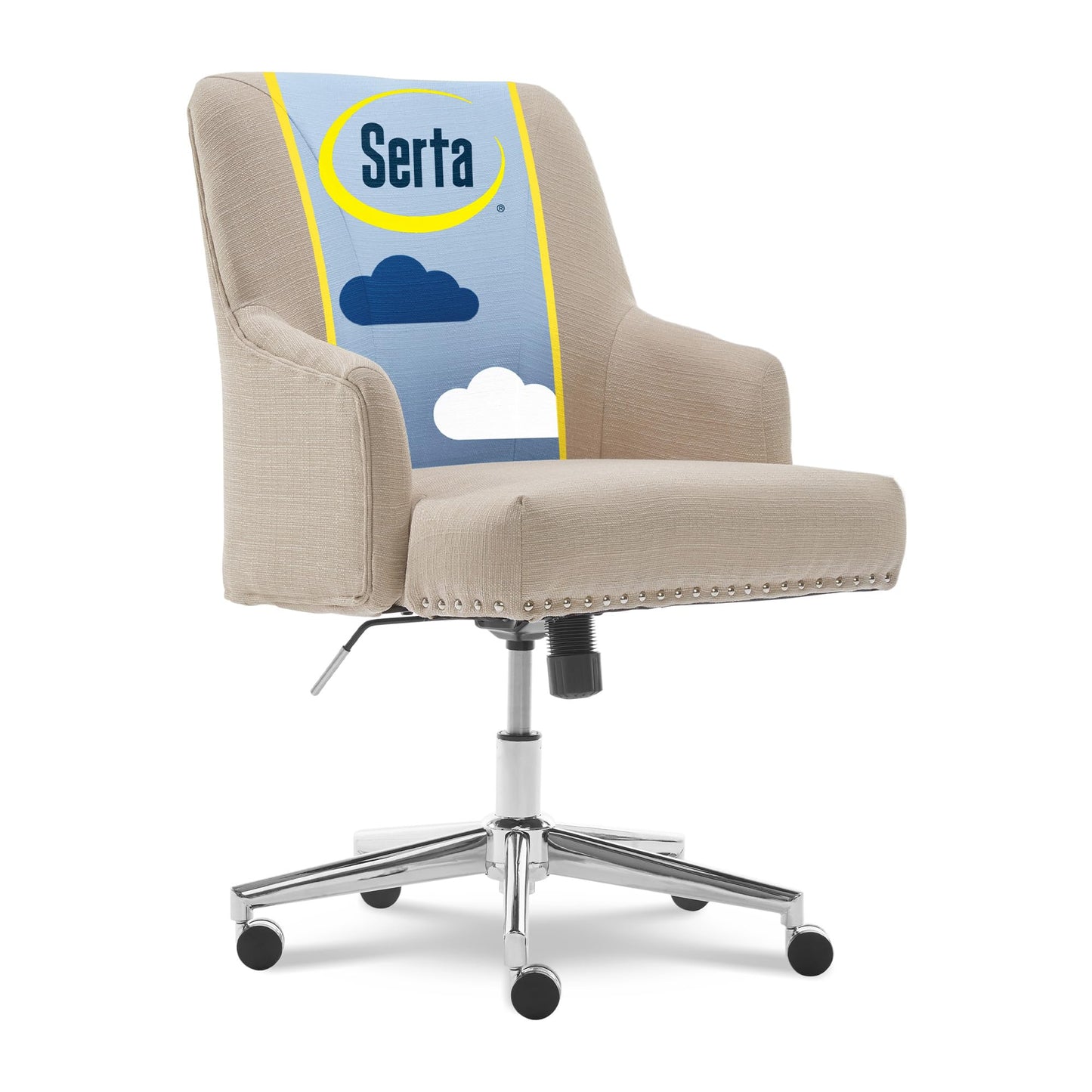 Serta Leighton Home Office Desk Chair, Mid-Back with Chrome Nailheads, Memory Foam Cushion and Padded Arms, Modern Makeup Vanity Armchair with Wheels, Swivel Base, Twill Fabric, Stoneware Beige
