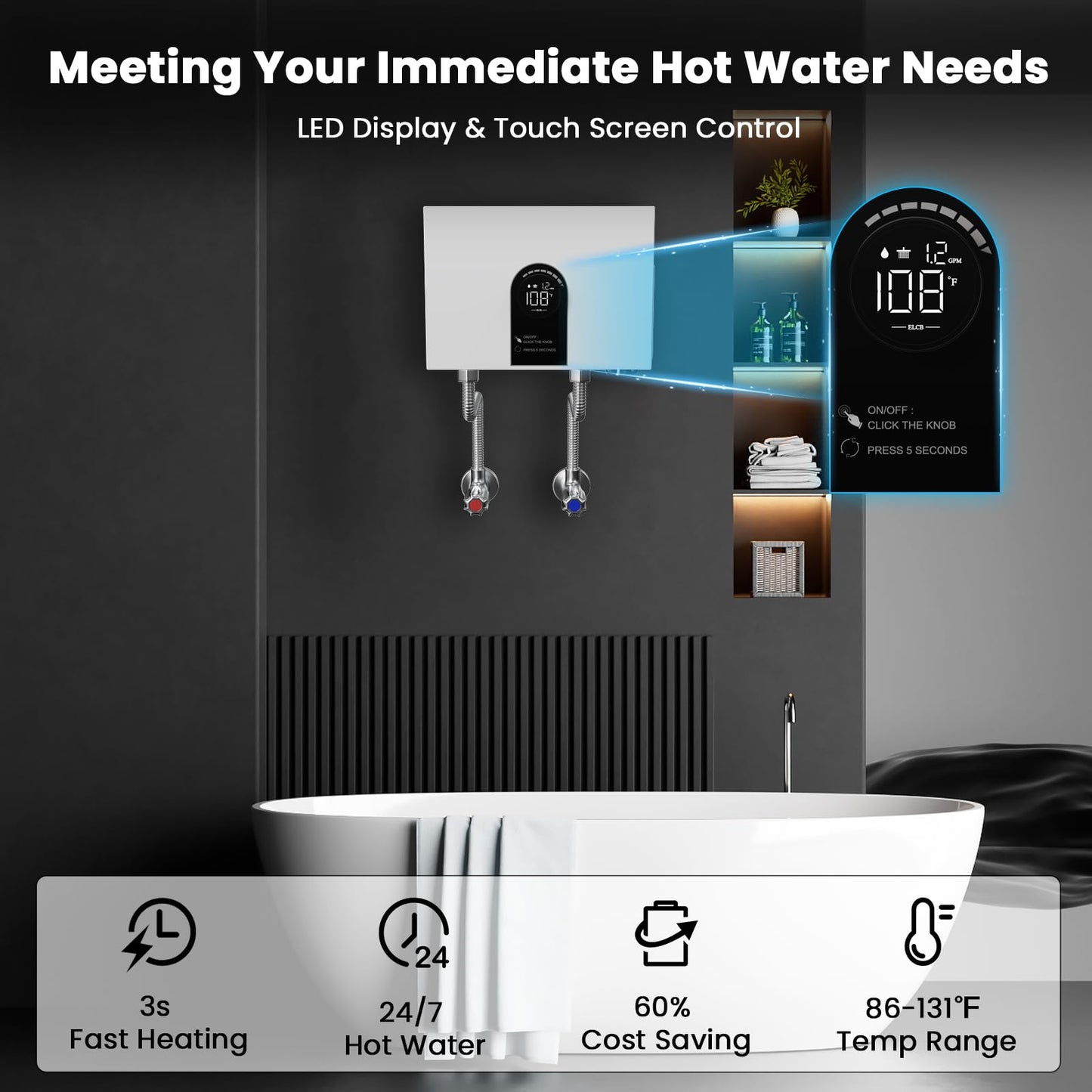 Tankless Water Heater Electric, 13kW 240Volt On Demand Instant Hot Water Heater with LED Digital Display Self-modulating, Overheating Protection, CSA Certified, Up to 3.38 GPM for 2-3 Point of Use