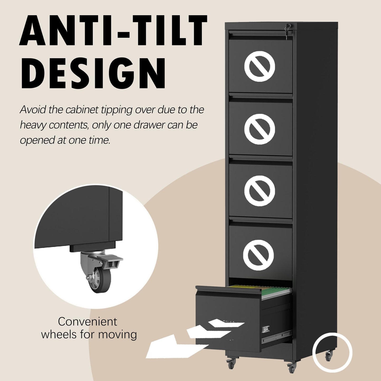 FOSTOKO 5 Drawers Filing Cabient with Wheel, File Cabinet with Lock, Steel Vertical Filing Storage Cabinet for Office, Heavy-Duty File Cabinets for Letters/Legal/A4 (Require Assembly, Black)