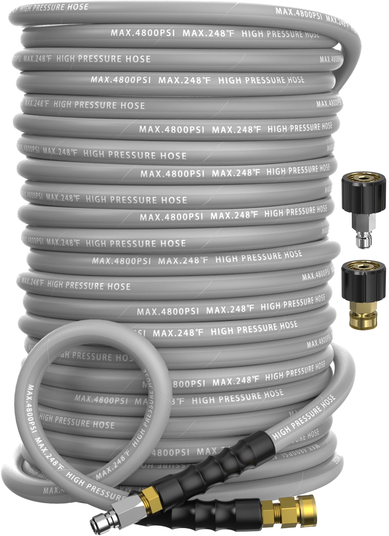NAVOHEVEN 3/8" Pressure Washer Hose 200FT 4800 PSI, Kink Resistant Steel Braided Layer & NonMarking Rubber for Hot/Cold Water, High Power Washer Hose With 3/8 Inch Quick Connect & M22 Fitting, Gray