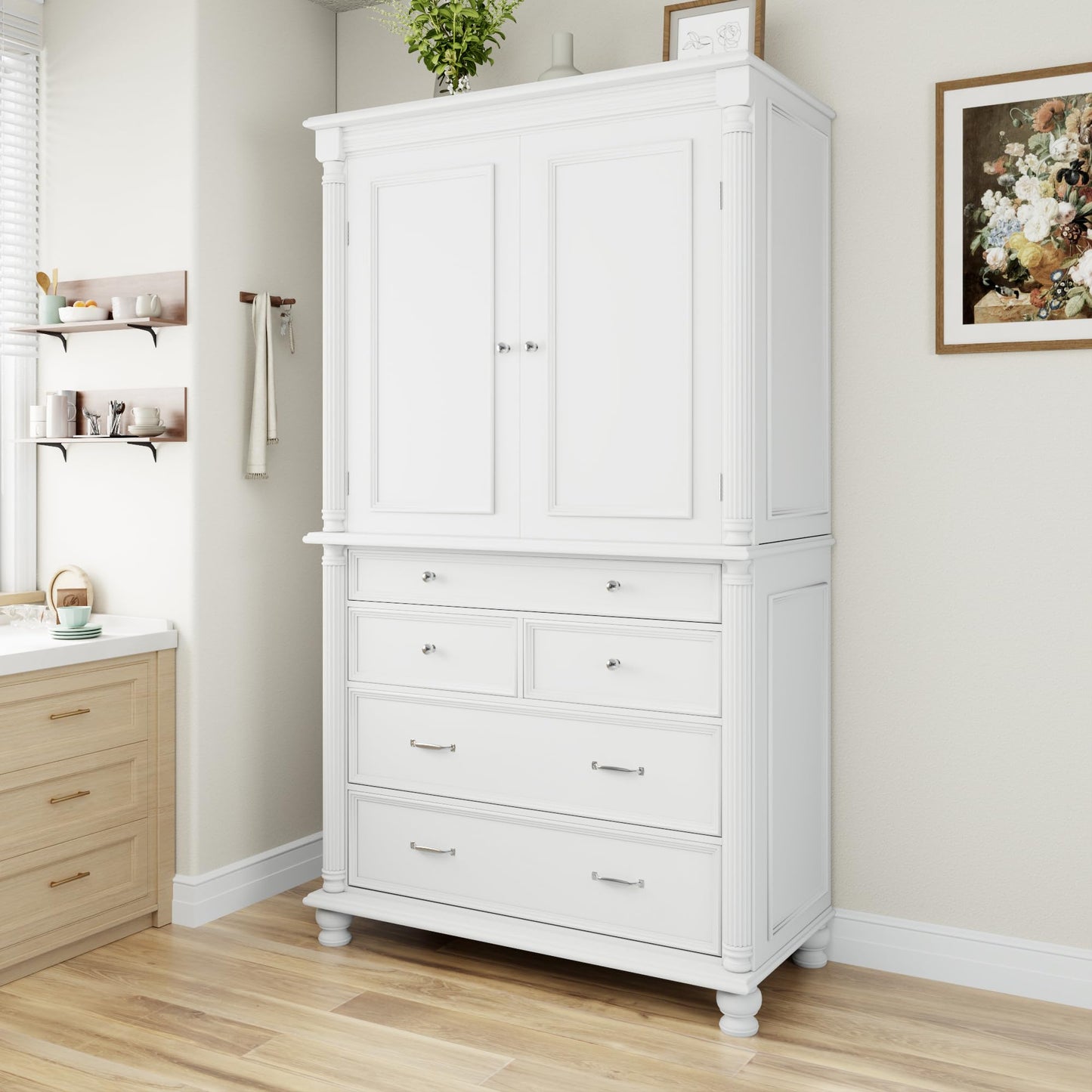Merax 77" Tall Large Kitchen Pantry Storage Cabinet with 2 Doors & 2 Adjustable Shelves & 5 Drawers & 6 Side Door Shelves, Modern Freestanding Food Pantry for Dining Room, Living Room, White