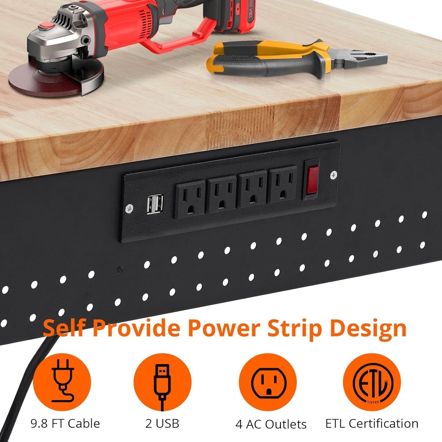 Adjustable Height Workbench 72" x 25" Worktable - Heavy Duty Rubber Wood Top, Mobile Workstation with Power Outlets & Wheels, 2000 Lbs Load Capacity - Ideal for Garage & Workshop, Hardwood Workbench