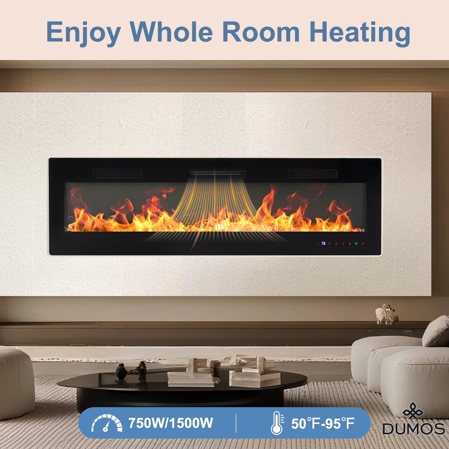 DUMOS 60 Inch Electric Fireplace Wall Mounted/Recessed/Free Standing Space Heater with Remote Control Adjustable Flame Colors Touch Screen Energy Saving, Black