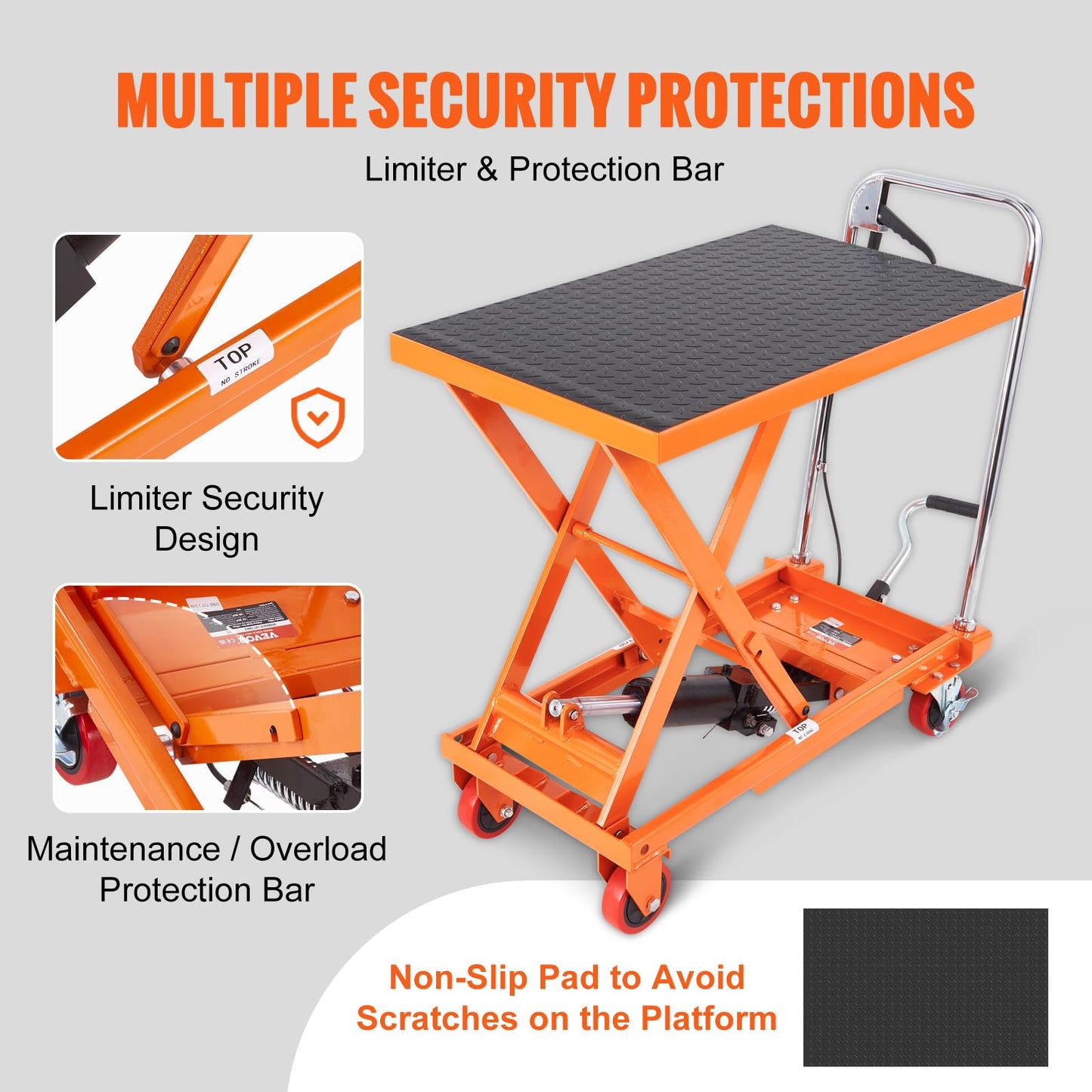 VEVOR TF23 Hydraulic Lift Table Cart, 500lbs Capacity 28.5" with 4 Wheels and Non-Slip Pad, for Material Handling and Transportation, Orange