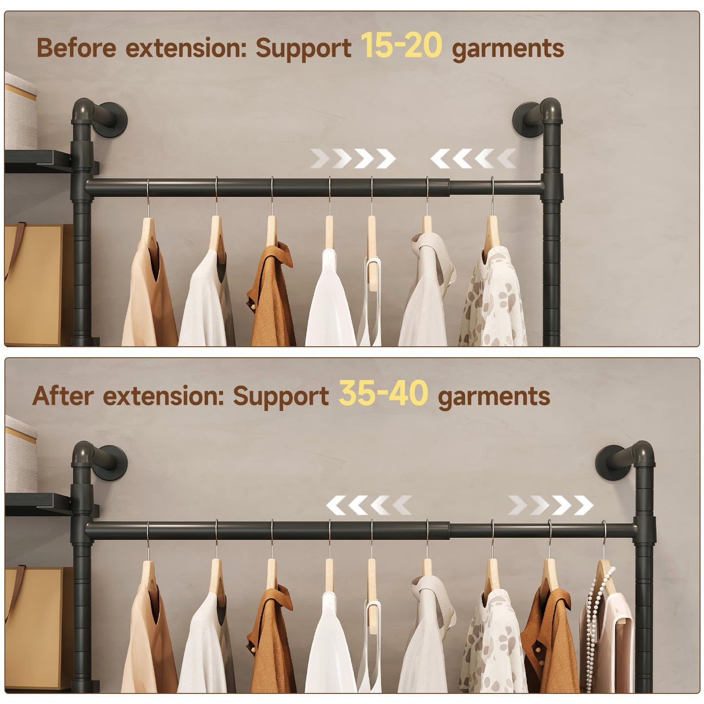 T3 Closet System with Stepless Dimmable LED Light, Industrial Pipe Clothing Rack with 4 Drawers, 6 Wooden Shelves & 4 Telescopic Rods, Heavy Duty Closet Organizers in Wardrobe Closet (Black)