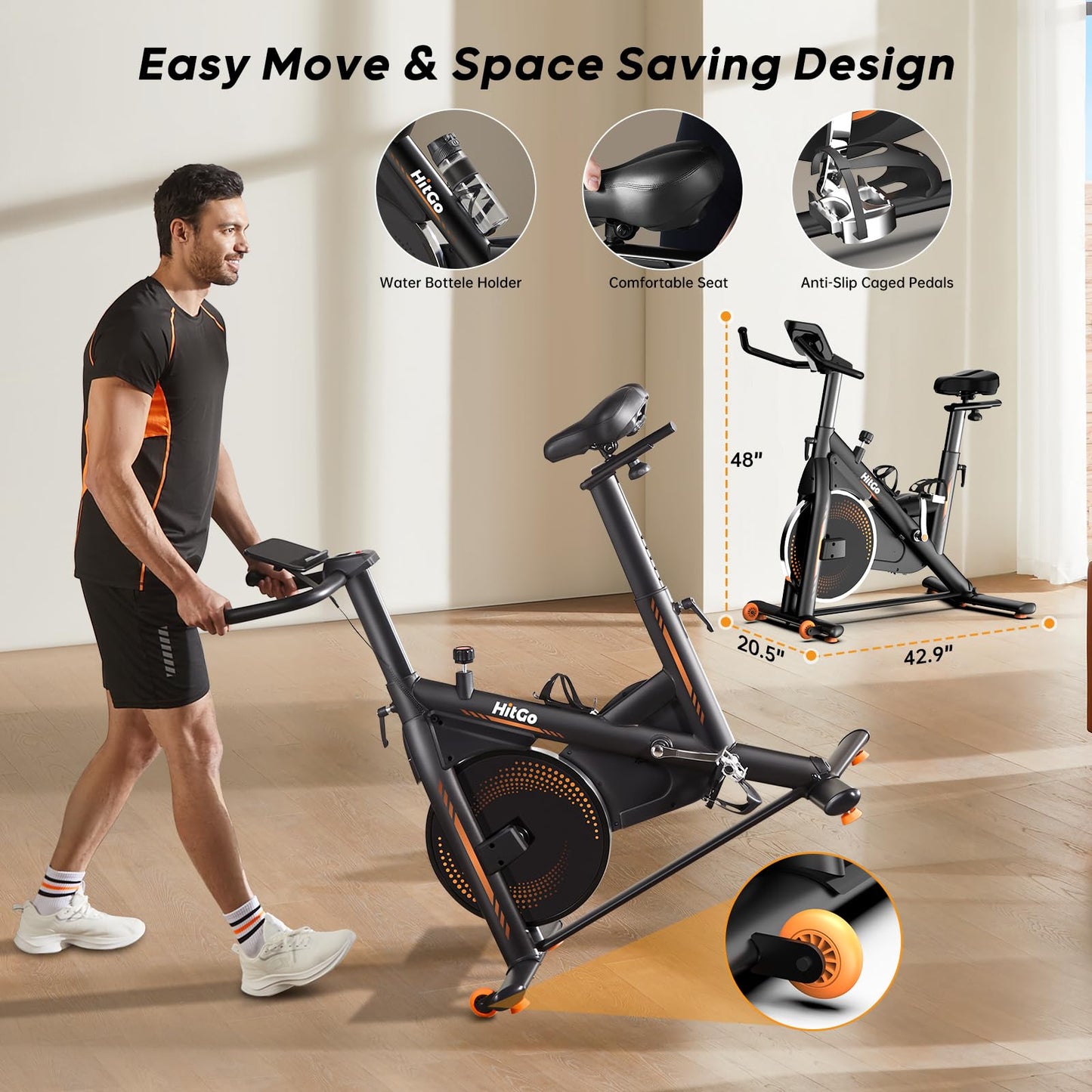 HitGo Exercise Bike, Magnetic Resistance/Brake Pad Stationary Bike with Exclusive App, 300lb Weight Capacity Indoor Bike with Soft Seat Cushion, Silent Belt Drive, Heavy Flywheel and LCD Monitor