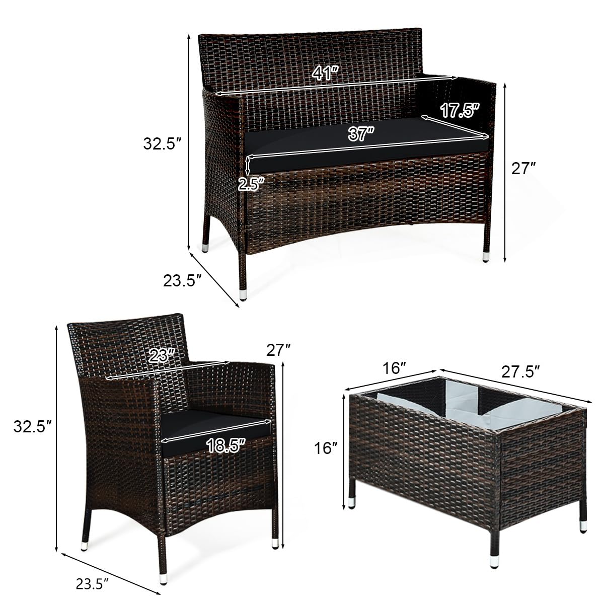 COSTWAY 8PCS Rattan Patio Furniture Set, Outdoor Wicker Rattan Chairs with Coffee Table, Rattan Cushioned Conversation Set for Backyard Balcony Porch Poolside, Black