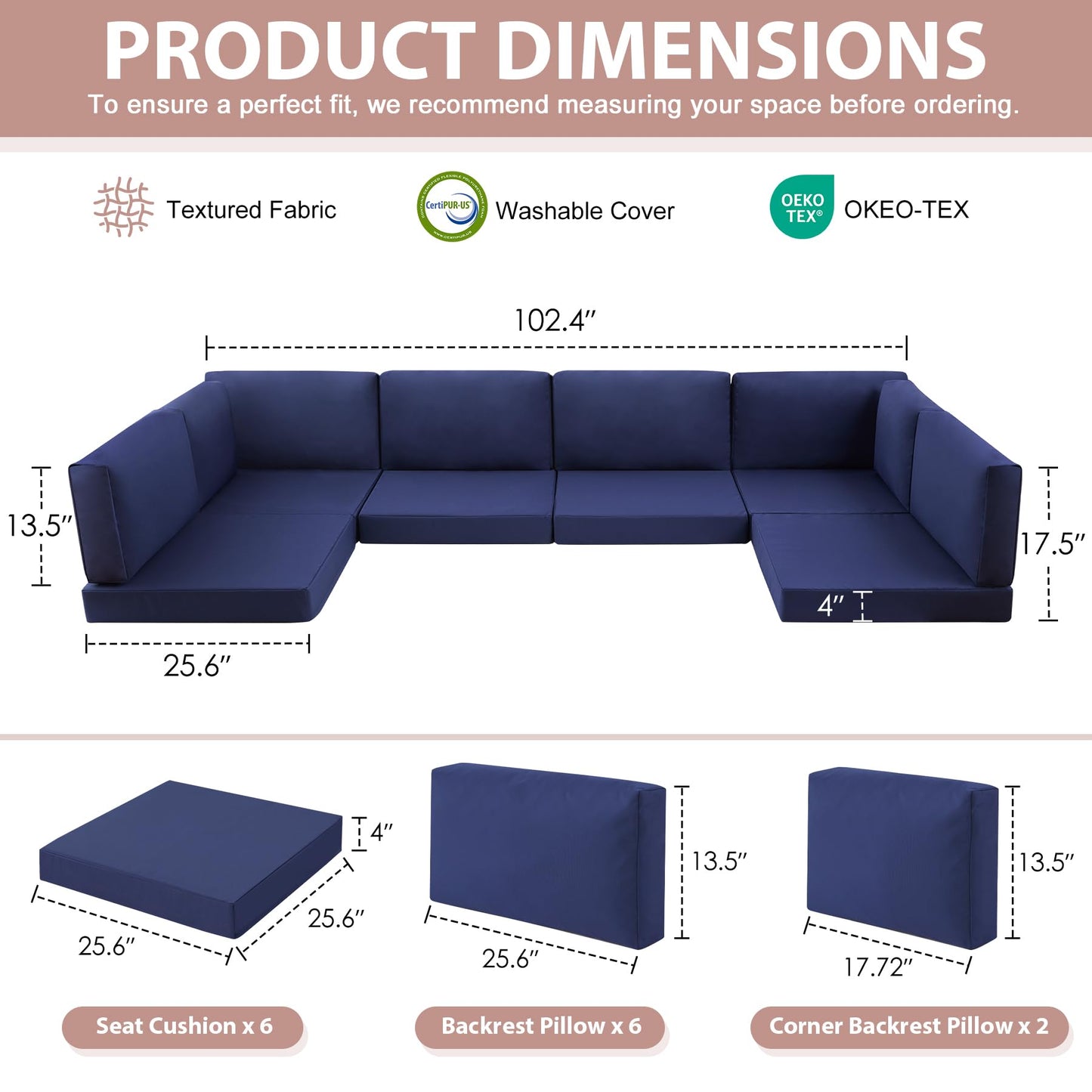 MuaMelop 14-Piece Patio Furniture Cushions Set, Replacement Outdoor Cushions for 6-Seat Patio Sectional, Waterproof & Fade Resistant Deep Seat Cushion for Outdoor Sofa, Navy Blue