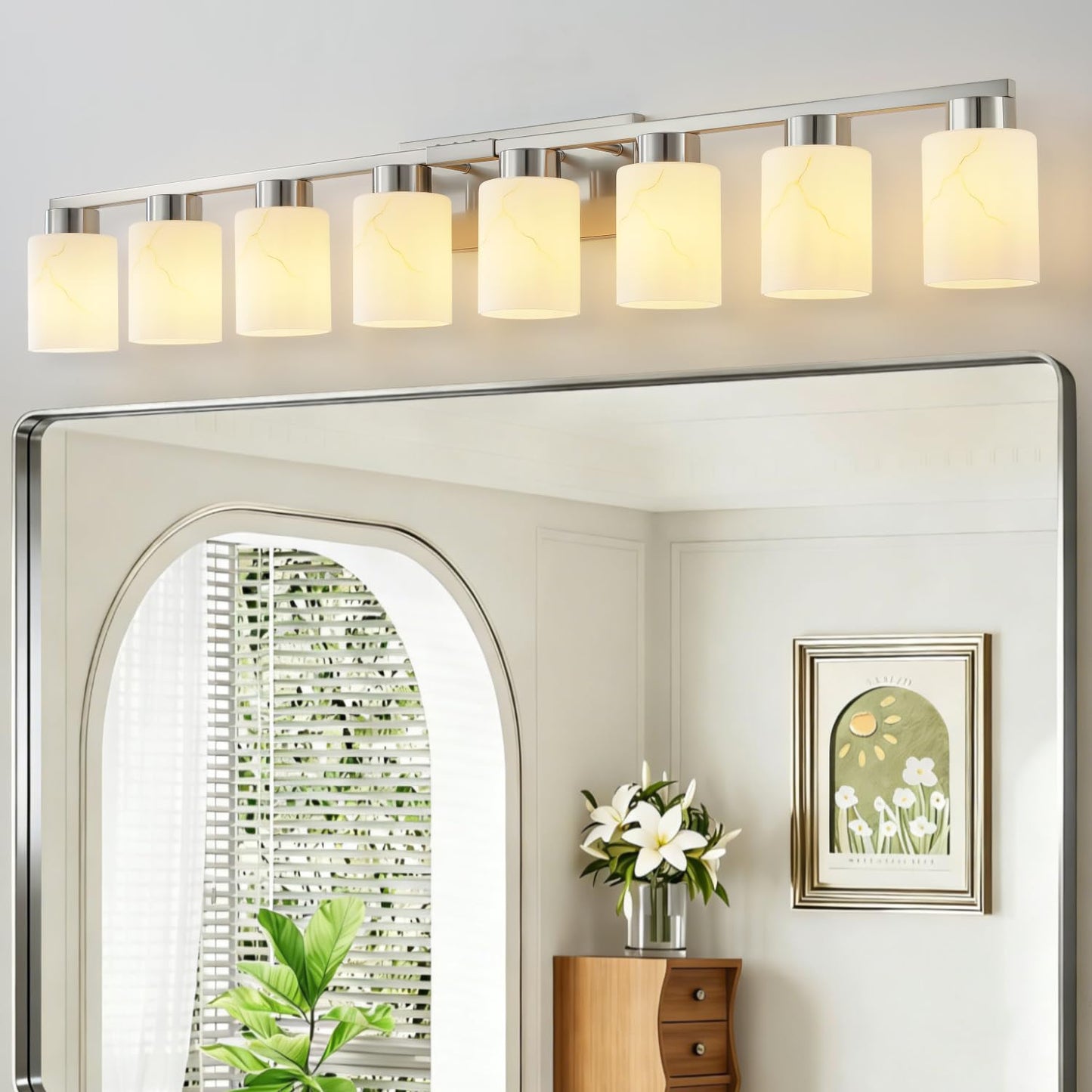 Mieloxiy 8-Light Bathroom Light Fixtures, Modern Vanity Lights, Brushed Nickel Metal Wall Lamp with White Marble Glass for Bathroom, Mirror, Living Room, Bedroom, Cabinet, Porch, Hallway, E26 Base