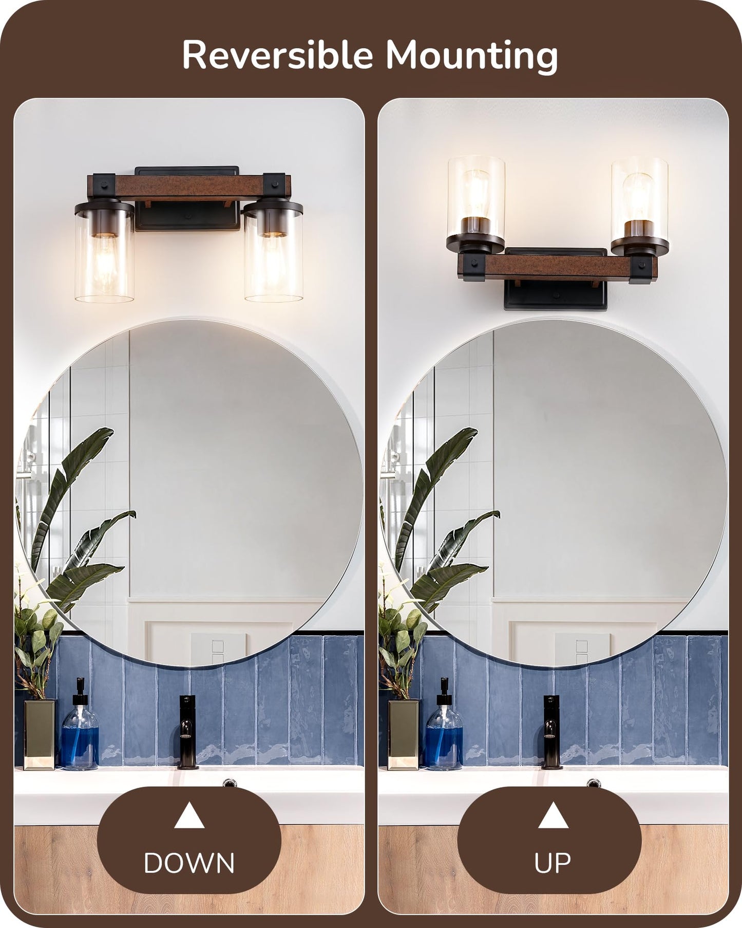 EDISHINE 2-Light Bathroom Vanity Light Fixtures, Dark Wood, Metal, Model HHVL02F, Clear Glass Shade, Ideal for Mirror and Powder Room