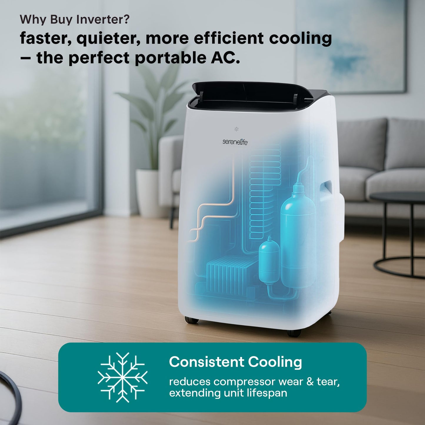 SereneLife 14,000 BTU Dual Hose Portable Inverter Air Conditioner, Smart Cooling Heating with WiFi, Ultra Quiet, Energy Efficient, For Bedrooms, Living Spaces & Offices, 650 Sq. Ft. Coverage