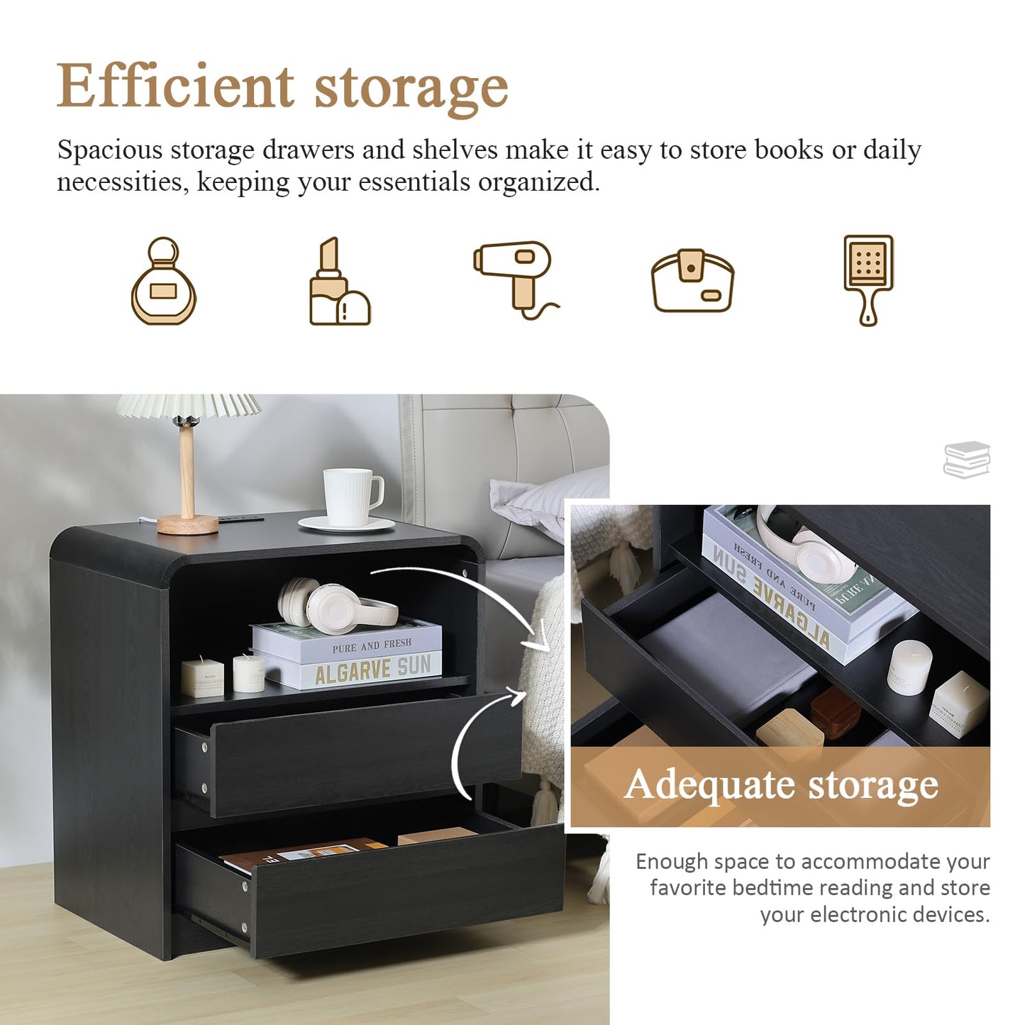 HtThalamic Modern Nightstands Set of 2, Black Night Stand with Charging Station, Wood End Table with 2 Drawers, 23.6'' Wide Bedside Cabinet for Bedroom
