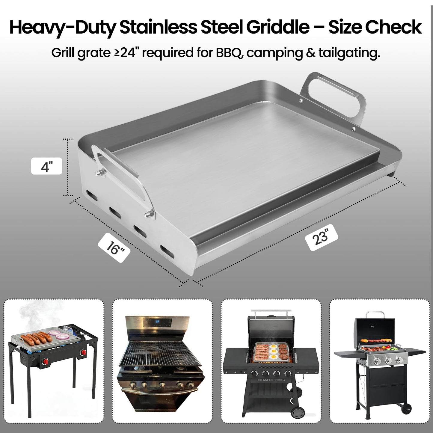JiRiCHMi 23x16 Inch Griddle for Gas Grill Reinforced Bottom Anti Warp Detachable Handle Grease Groove Stainless Steel Flat Top for Pellet Grill and Stove Outdoor Indoor Cooking