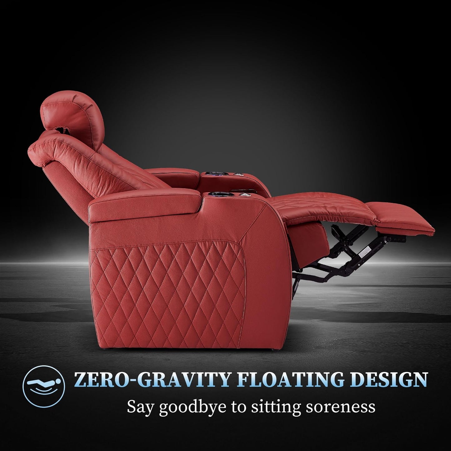 PBRO Home Theater Seating Genuine Leather Recliner Chair, Power Reclining & Headrest, USB A/C Charging Ports, Tray Table, Cup Holder Ambient Lighting Red Row of 1