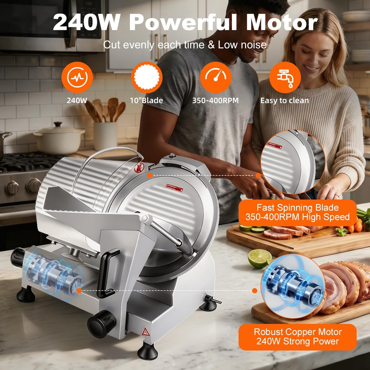 CHEF KEY Commercial Meat Slicer, 10 inch Electric Food Slicer, 240W Frozen Meat Deli Slicer, Premium Chromium-plated Steel Blade Semi-Auto Meat Slicer For Commercial and Home use