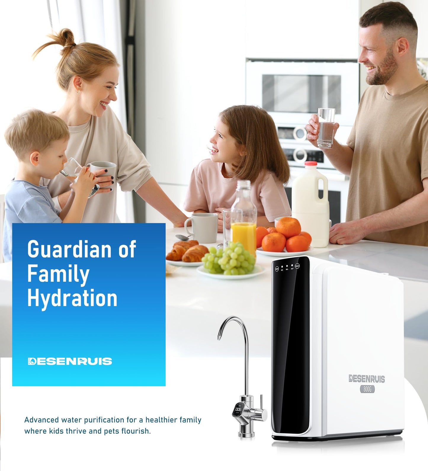 DESENRUIS Reverse Osmosis System, Dual RO Water Filter, 800 GPD Fast Flow, 3:1 Pure to Drain, Tankless Under Sink RO System, Reduce PFAS & TDS, Smart LED Faucet