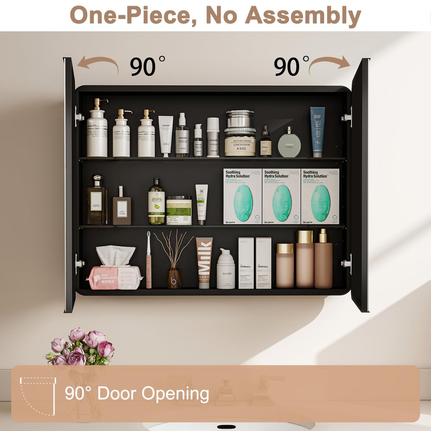 Venlus Black Double Door Medicine Cabinet with Mirror, 32 x 24 Inch Fully Assembled Recessed or Surface Mount Bathroom Medicine Cabinet, Metal Mirrored Cabinet with Adjustable Storage Shelves