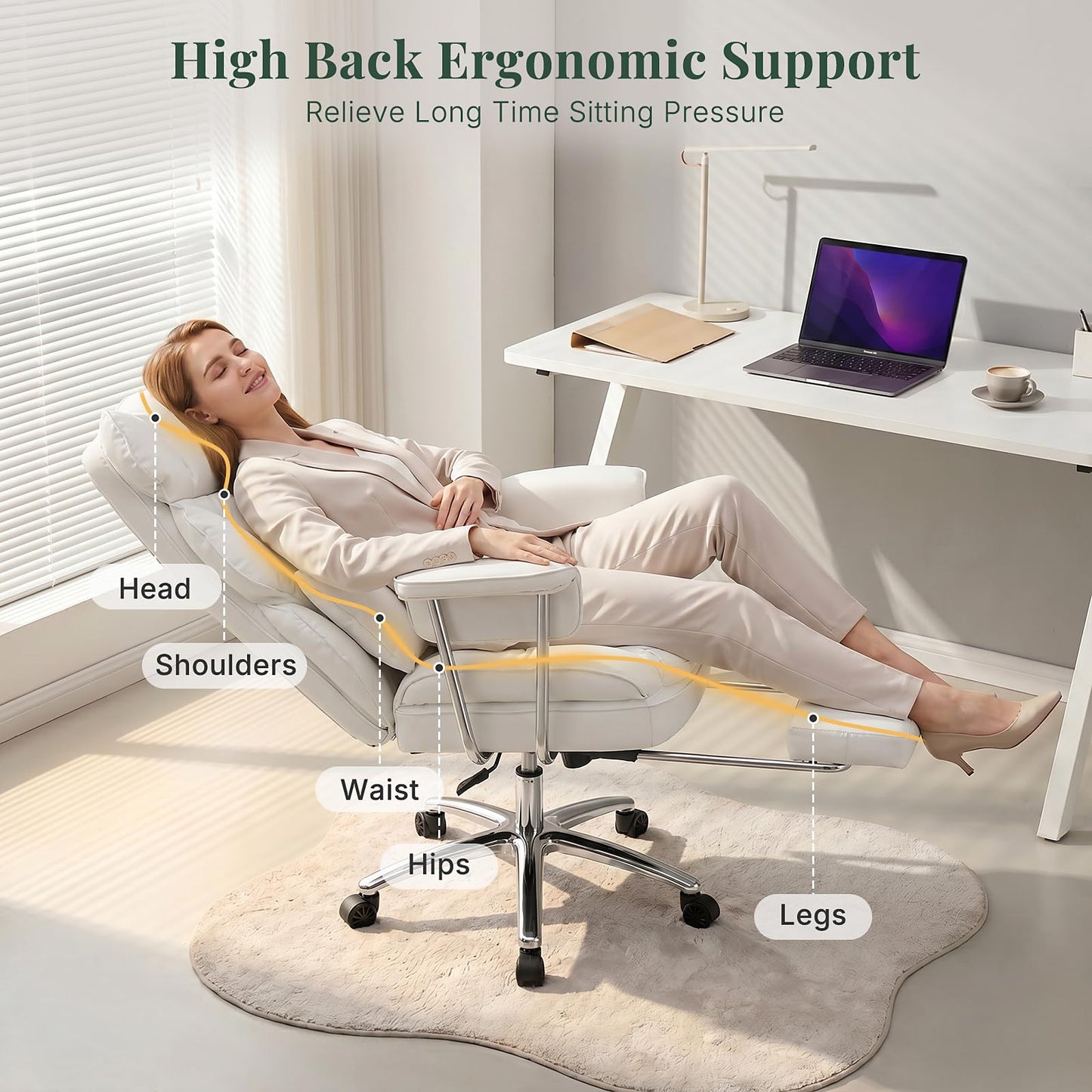 HAPPYMONT Executive Ergonomic Office Chair, PU Leather High Back Reclining Office Chair with Footrest and Lumbar Support, Height Adjustable Rolling Swivel Computer Chair for Home Office,White